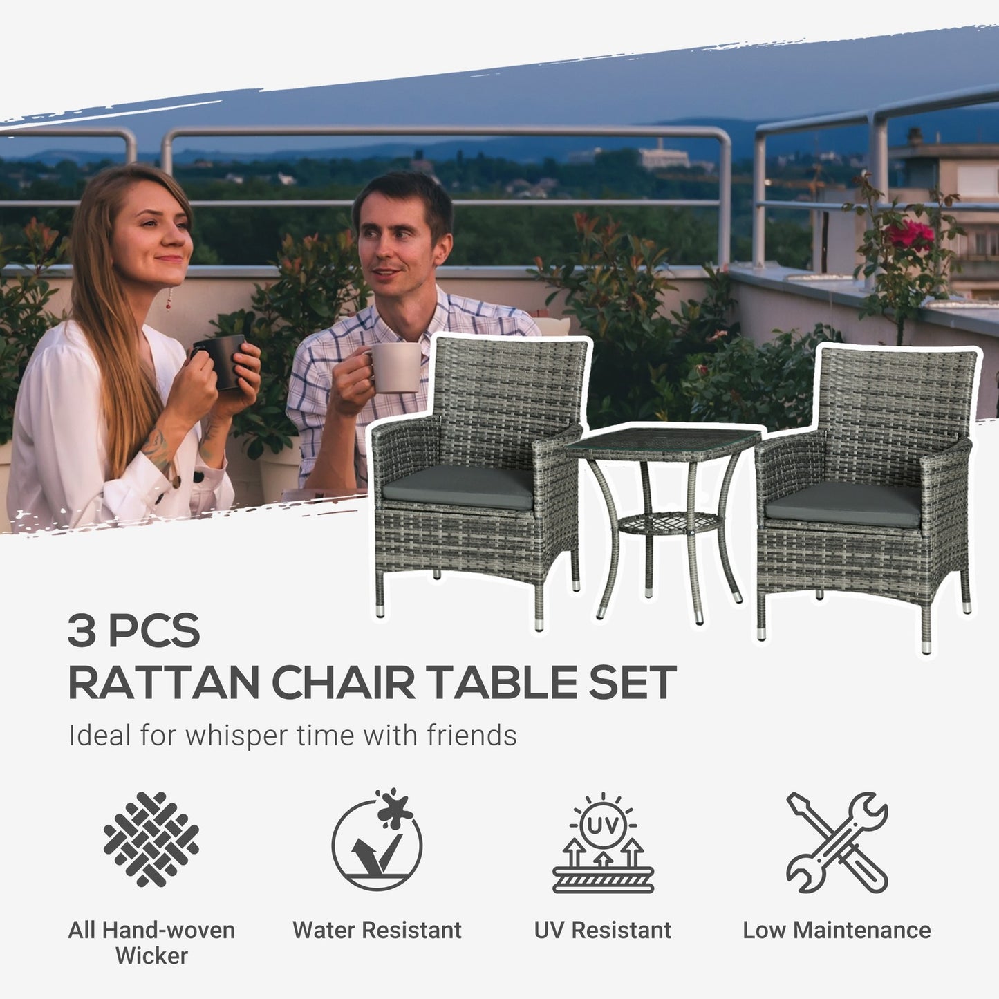 Outsunny Rattan Bistro Set Garden Chair Table Patio Outdoor, Mixed Grey