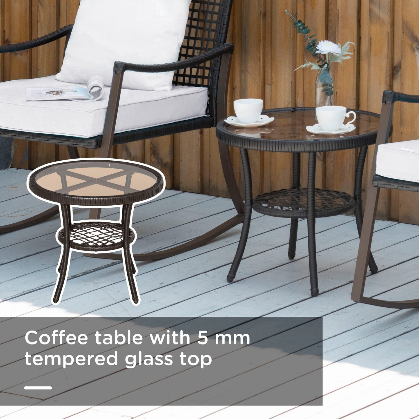 3 Pieces Rocking Chair Bistro Set Furniture Coffee Table Rattan Wicker Brown