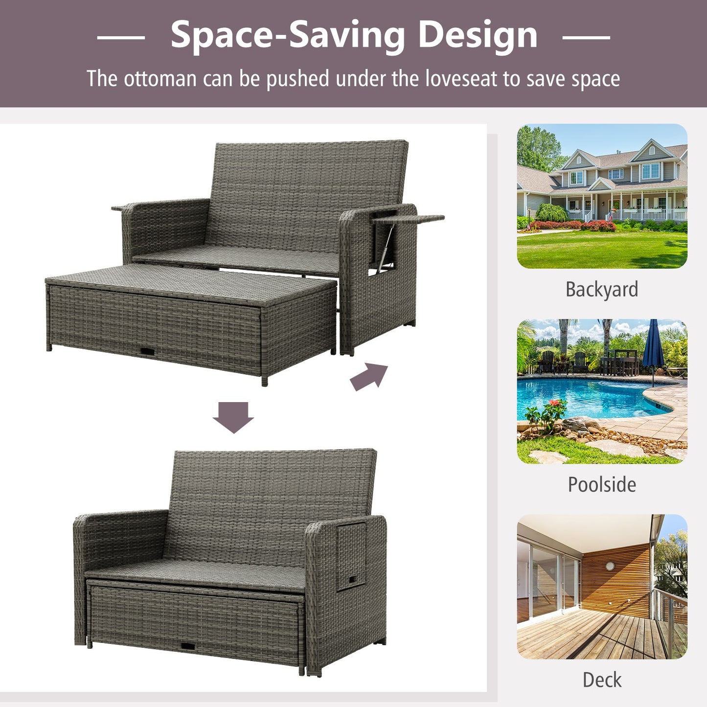 Patio Rattan Daybed Set with Multipurpose Ottoman and Retractable Side Tray