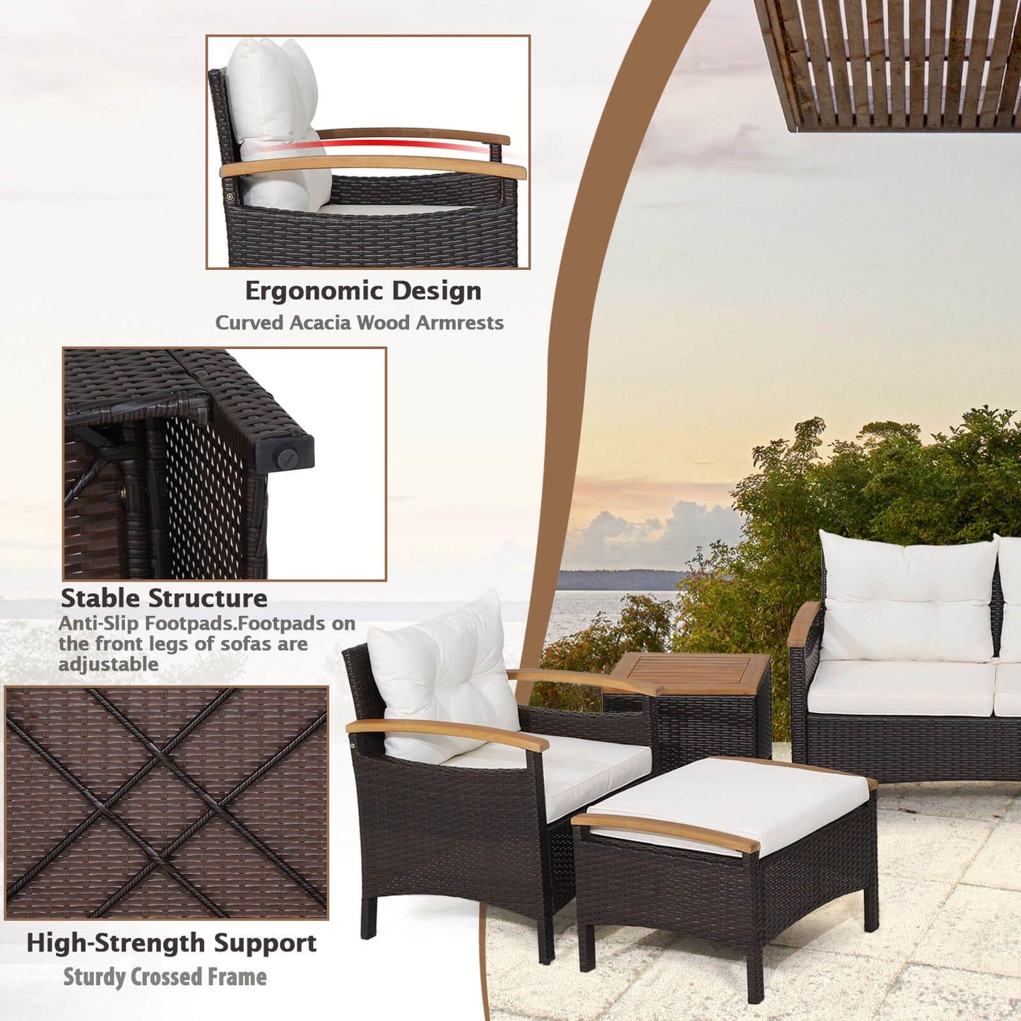 7 Piece Patio Rattan Sofa Set Outdoor with Cushions and Ottomans