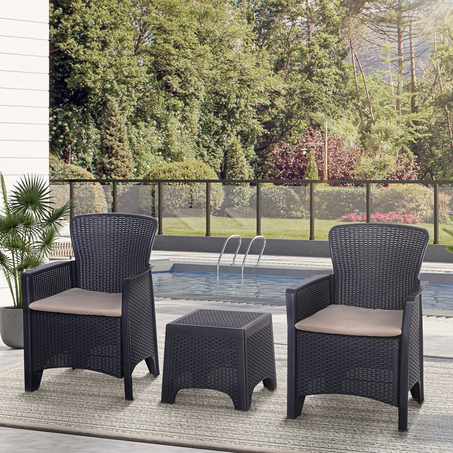 Garden Outdoor 3 Pcs Rattan Furniture Set 2 Arm Chair W/ Cushion 1 Coffee Table