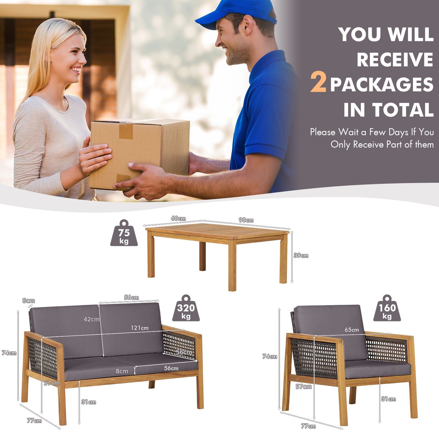 4-Piece Patio Acacia Wood Furniture Set with Removable Cushions