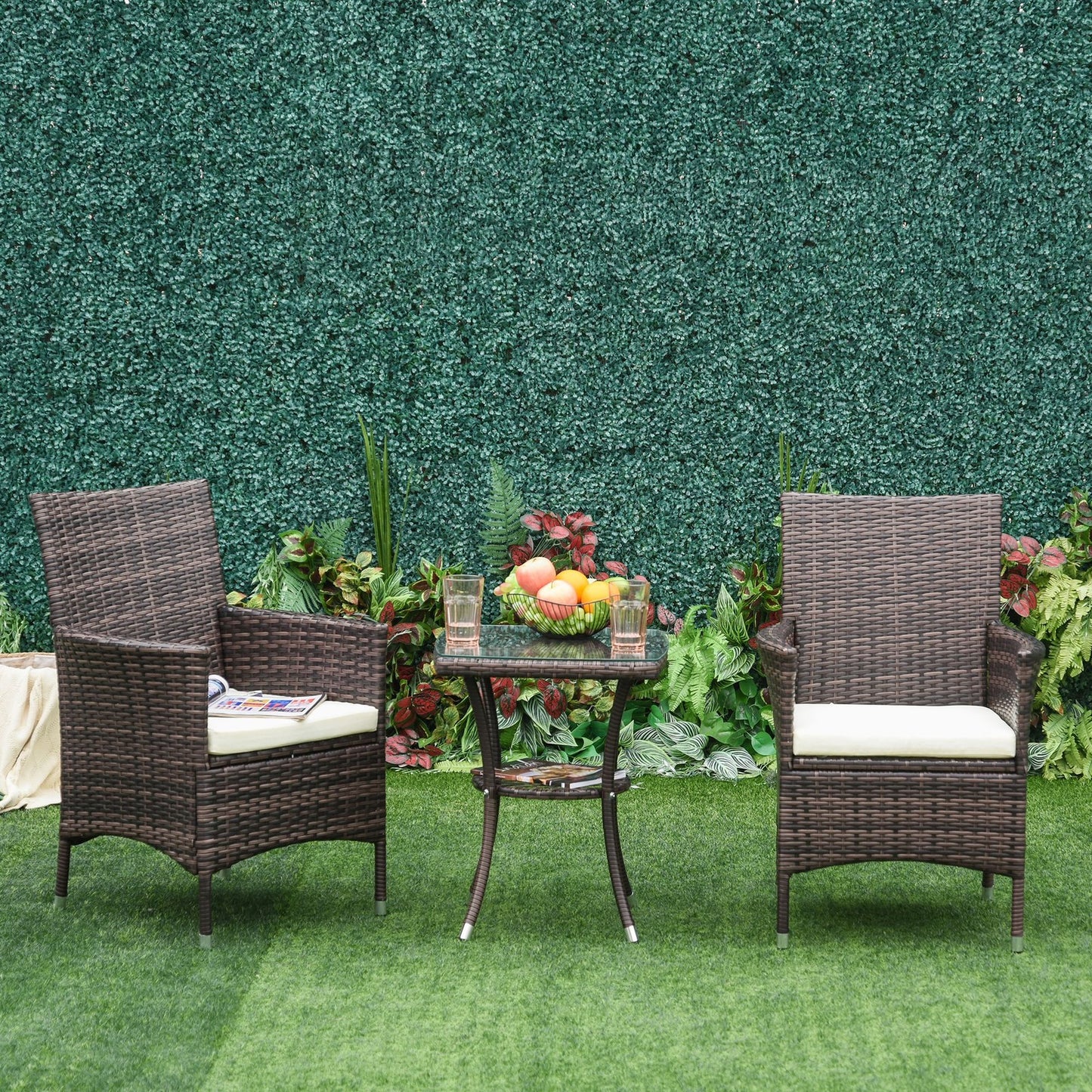 Outsunny Rattan Bistro Set Cushion Patio Garden Chair Table Brown UV Resistant