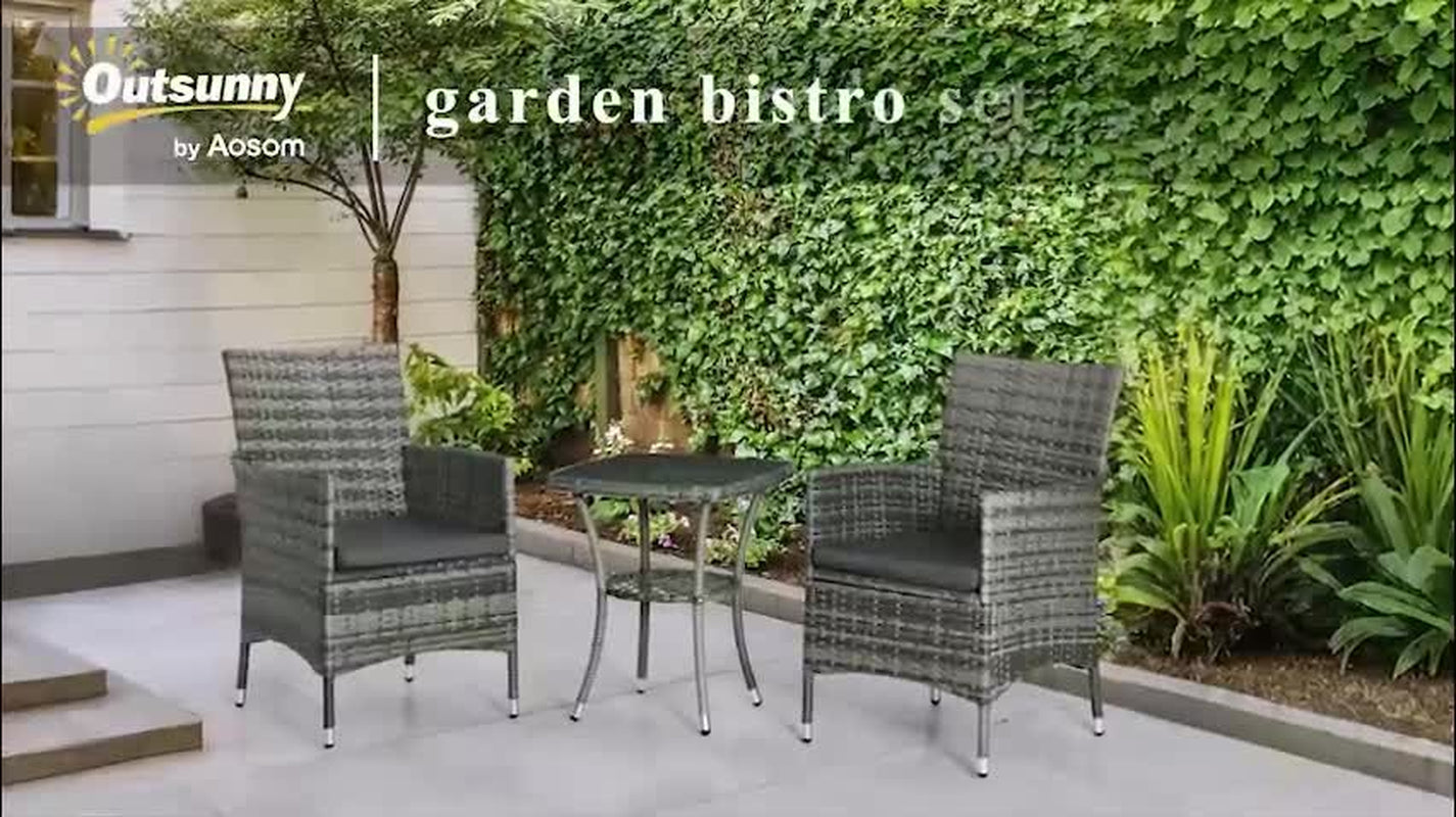 Outsunny Rattan Bistro Set Garden Chair Table Patio Outdoor, Mixed Grey