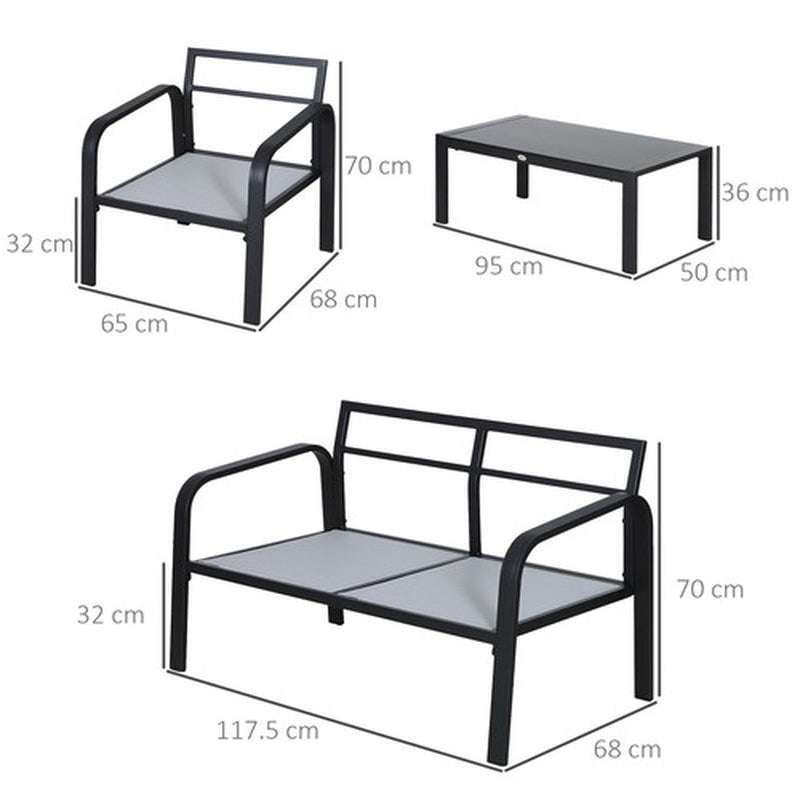 4 Pcs Aluminium Garden Dining Set W/ 2 Chairs,Glass Top Table,Cushions Black