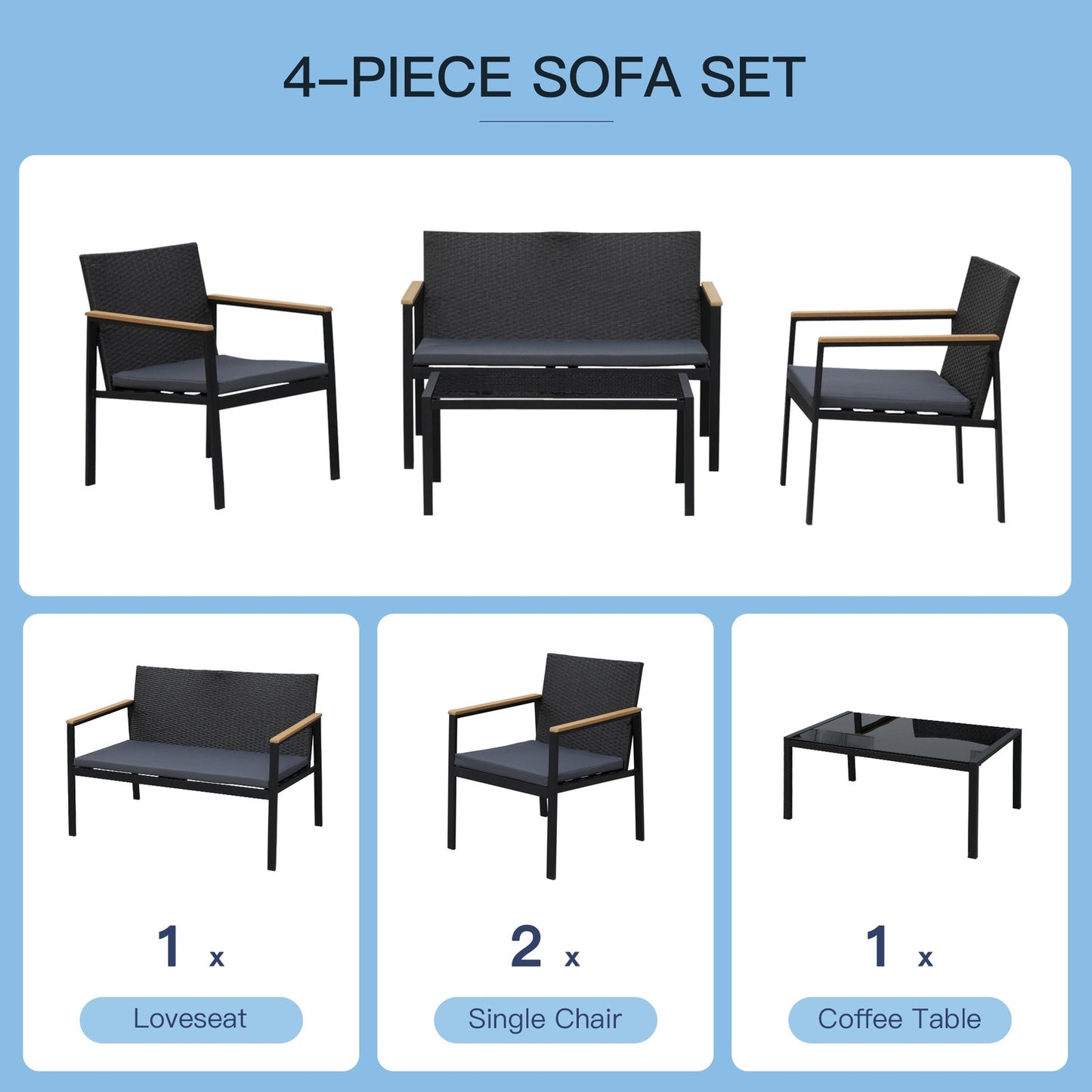 4 Pcs PE Rattan Furniture Set W/ 3 Cushioned Chairs Glass Tabletop Table, Black