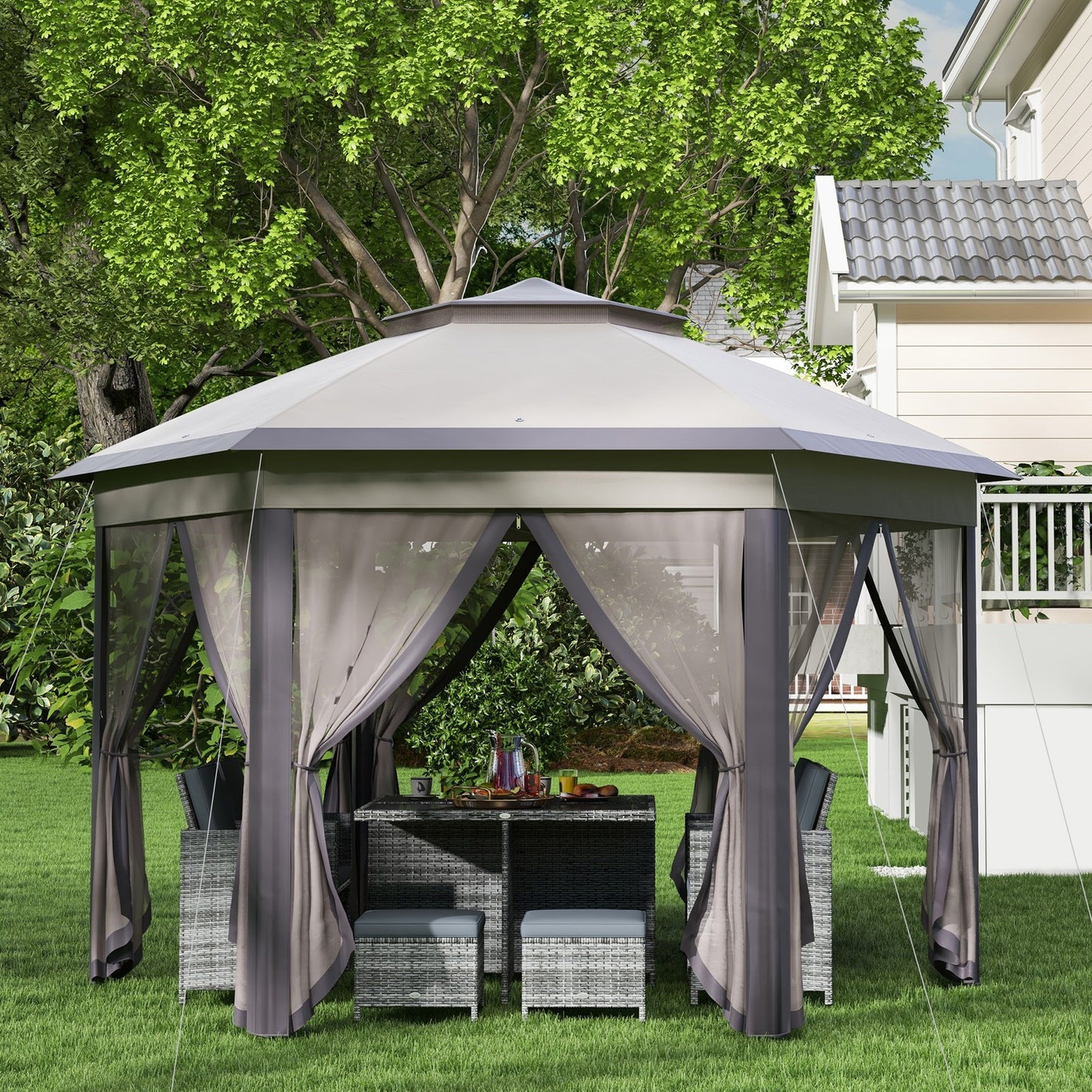 Hexagon Patio Gazebo Garden Shelter Heavy-Duty Double Roof W/ Mesh, 3 X 4M