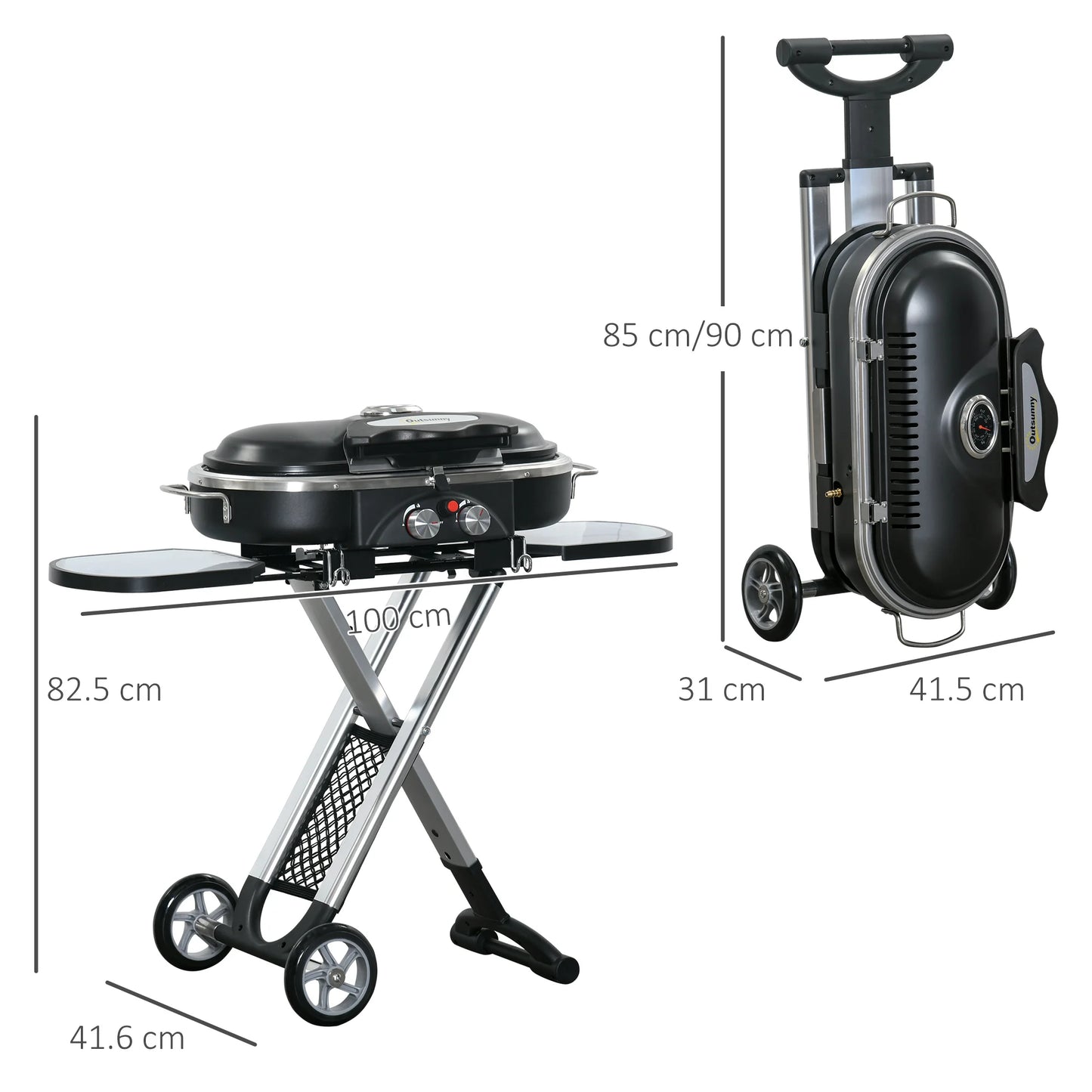 Foldable 2 Burner Gas BBQ Grill Trolley W/ Side Shelves Storage Pocket