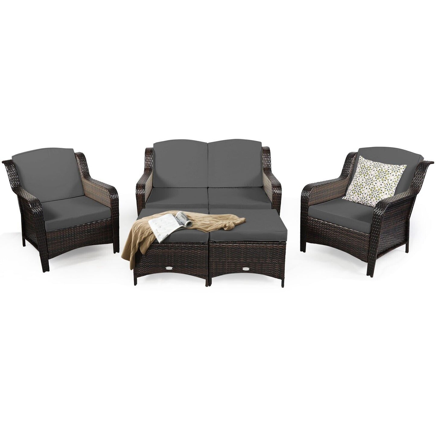 5 PCS Patio Furniture Set Outdoor Rattan Conversation Sofa Set Removable Cushion