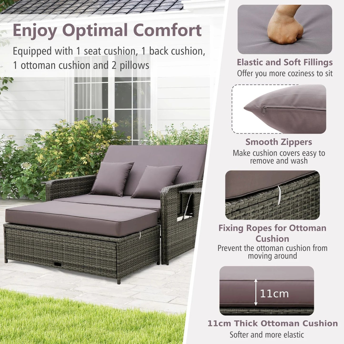Patio Rattan Daybed Set with Multipurpose Ottoman and Retractable Side Tray