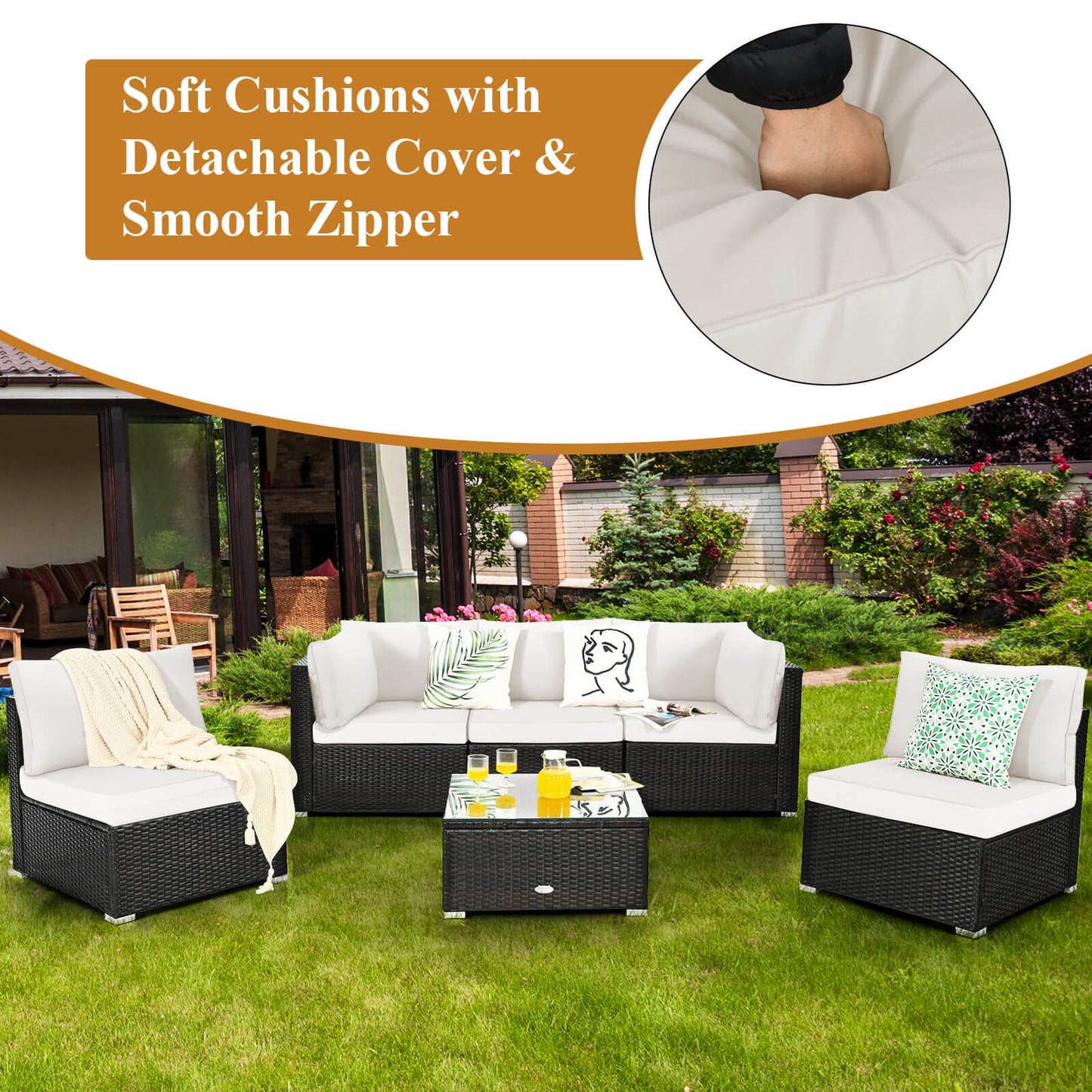 6 Piece Outdoor Rattan Sofa Set with Soft Seat and Back Cushions