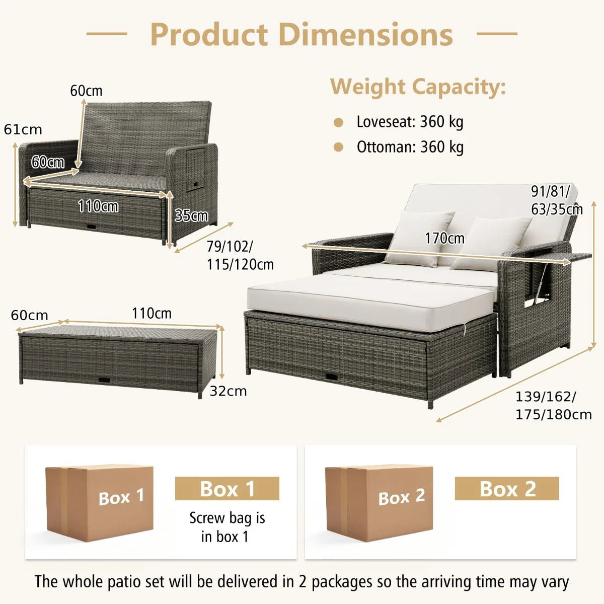 Patio Rattan Daybed Set with Multipurpose Ottoman and Retractable Side Tray