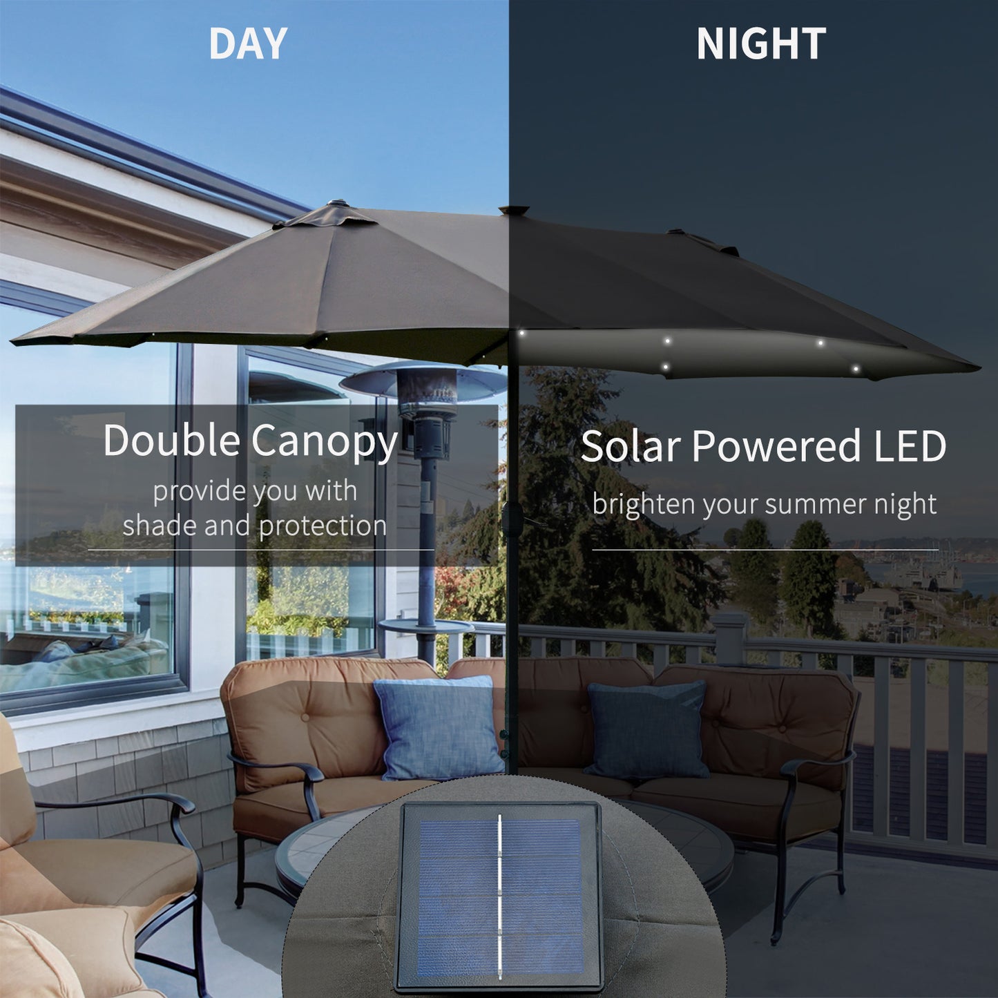 4.4M Double-Sided Sun Umbrella Patio Parasol with LED Solar Lights for Garden