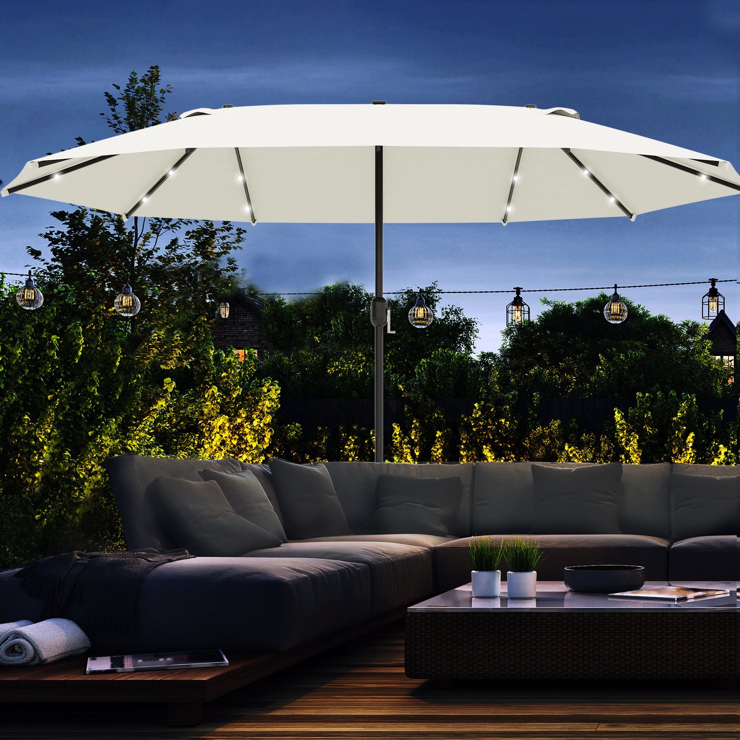 4.4M Double-Sided Sun Umbrella Patio Parasol with LED Solar Lights for Garden