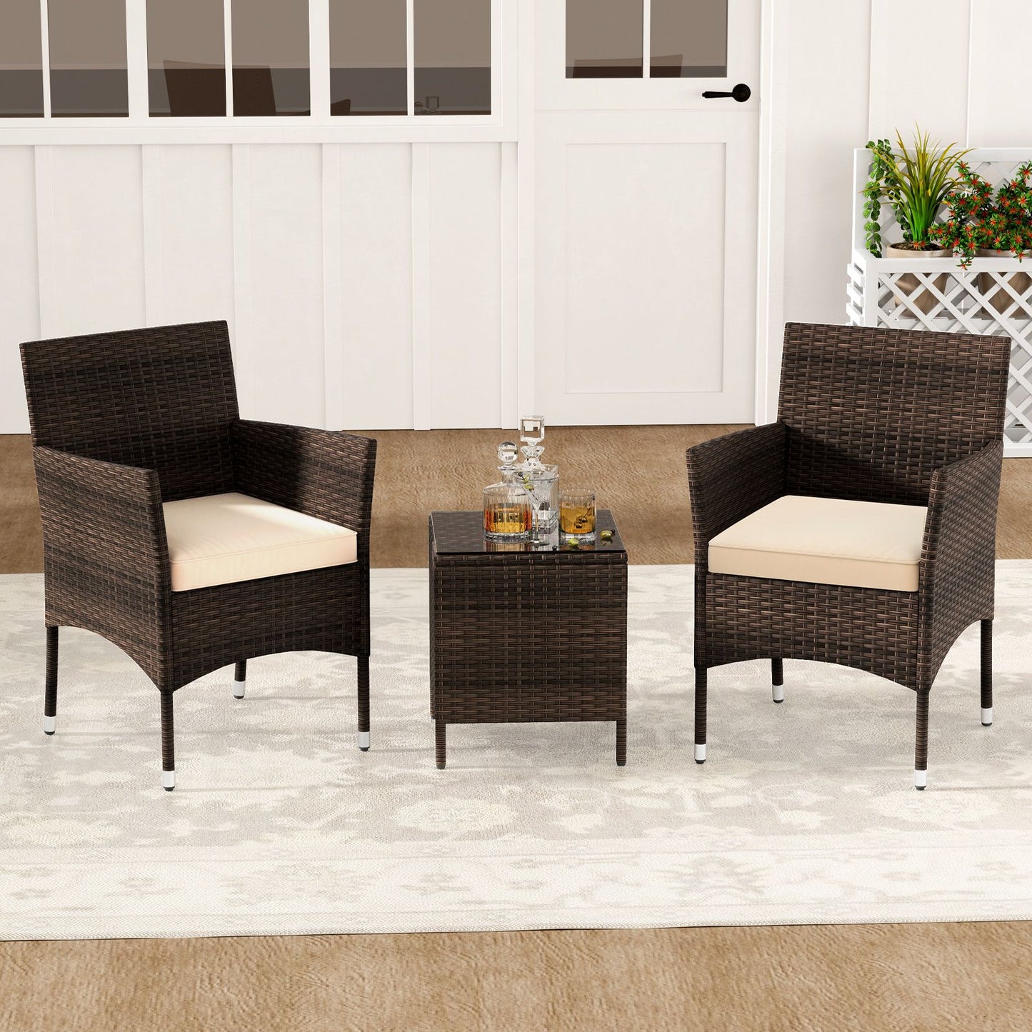 3 Pieces Patio Rattan Furniture Set with Soft Cushions and Glass Top Table