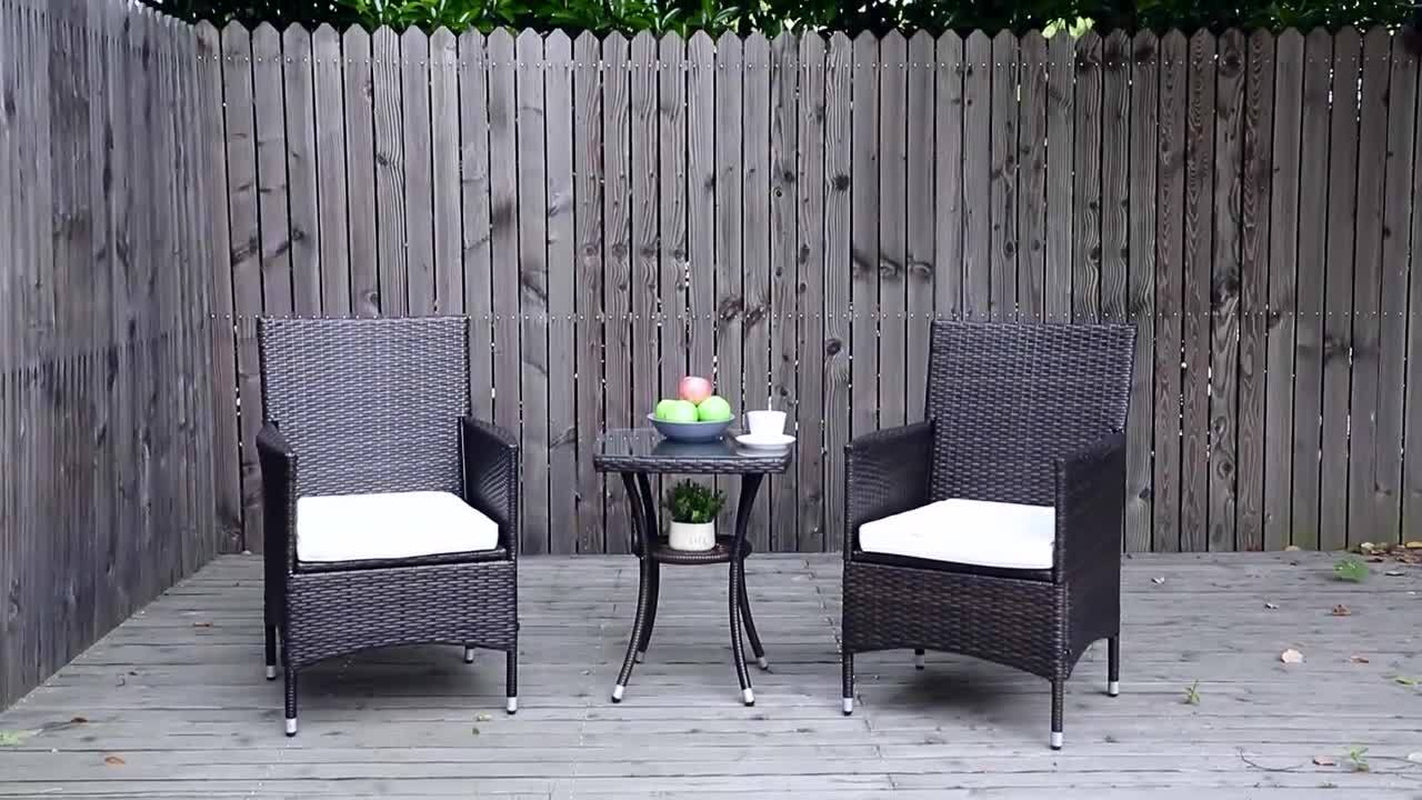 Outsunny Rattan Bistro Set Cushion Patio Garden Chair Table Brown UV Resistant