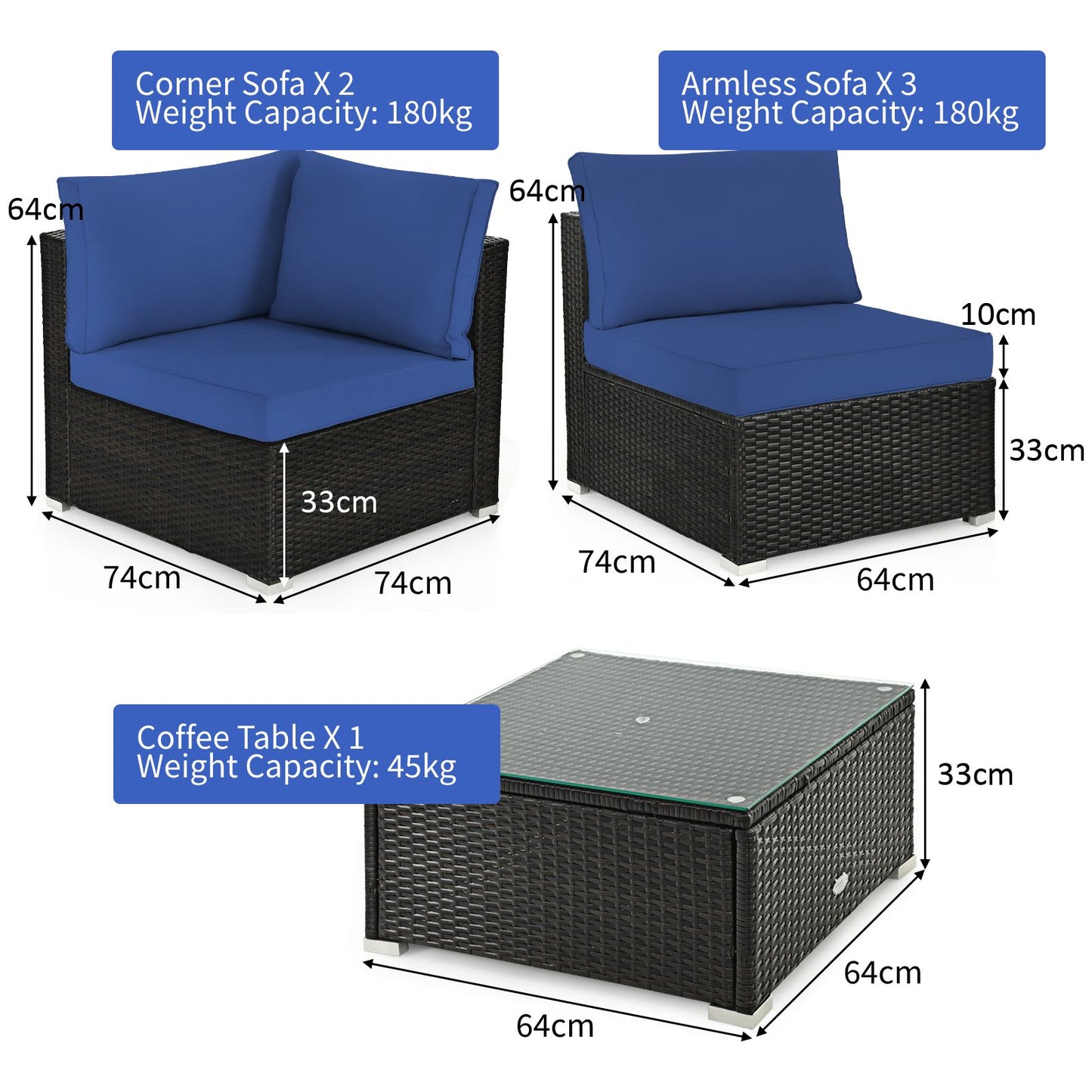 6 Piece Outdoor Rattan Sofa Set with Soft Seat and Back Cushions