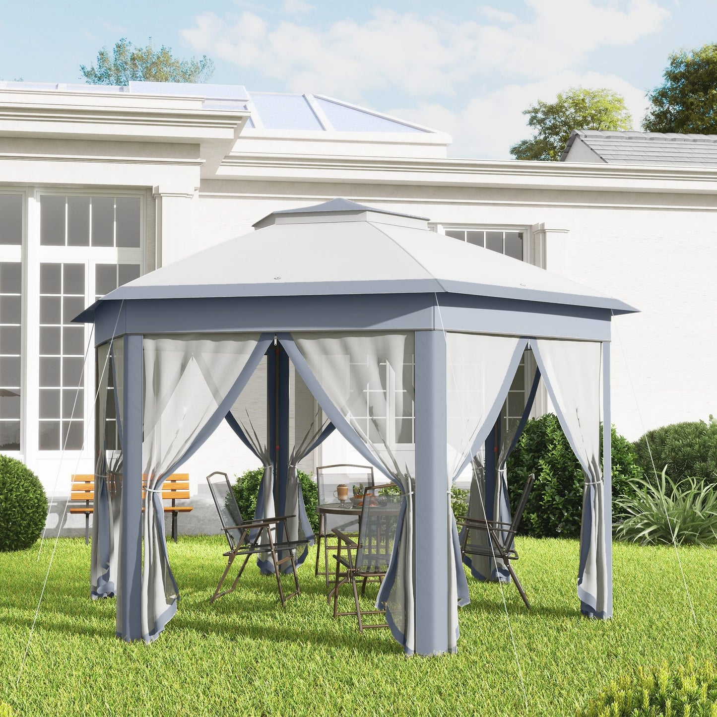Outsunny 3X4M Hexagon Gazebo W/ Mesh Curtains Outdoor Garden, Grey