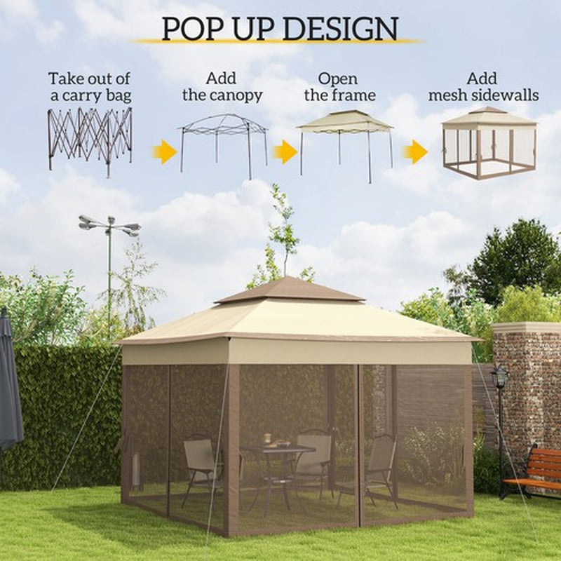 3 X 3(M) Garden Metal Gazebo Party Canopy Tent Sun Shelter W/ Net Curtain Khaki