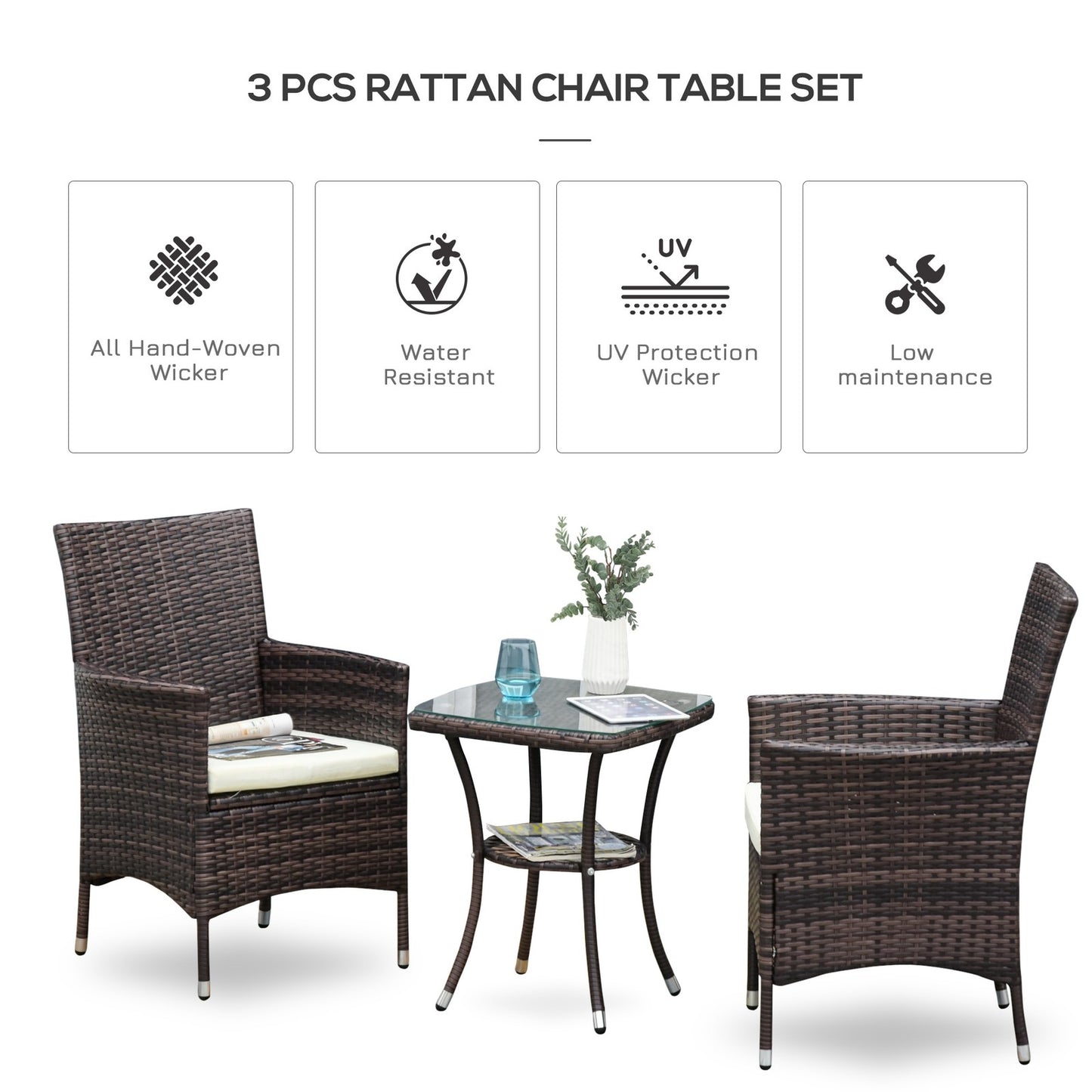 Outsunny Rattan Bistro Set Cushion Patio Garden Chair Table Brown UV Resistant