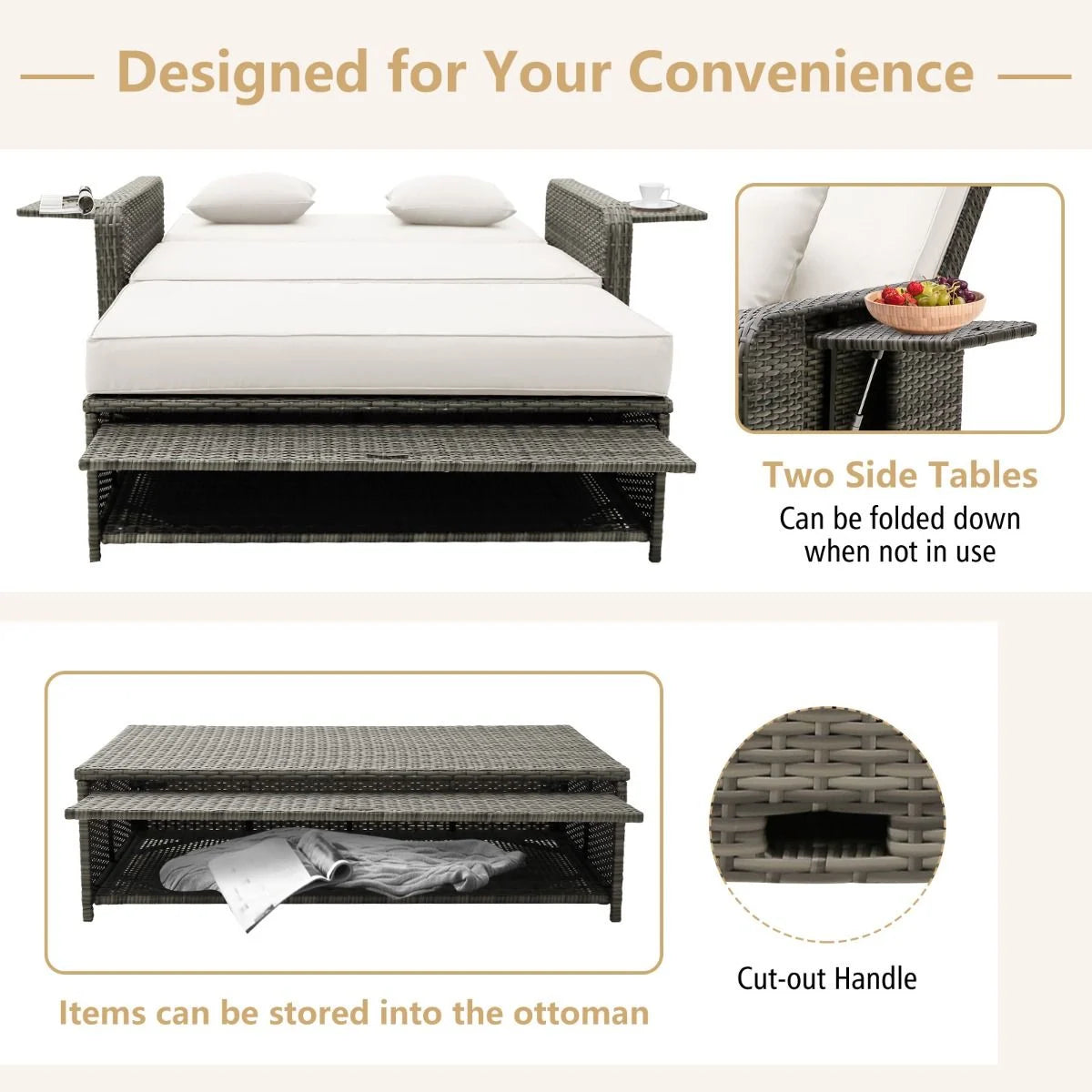 Patio Rattan Daybed Set with Multipurpose Ottoman and Retractable Side Tray