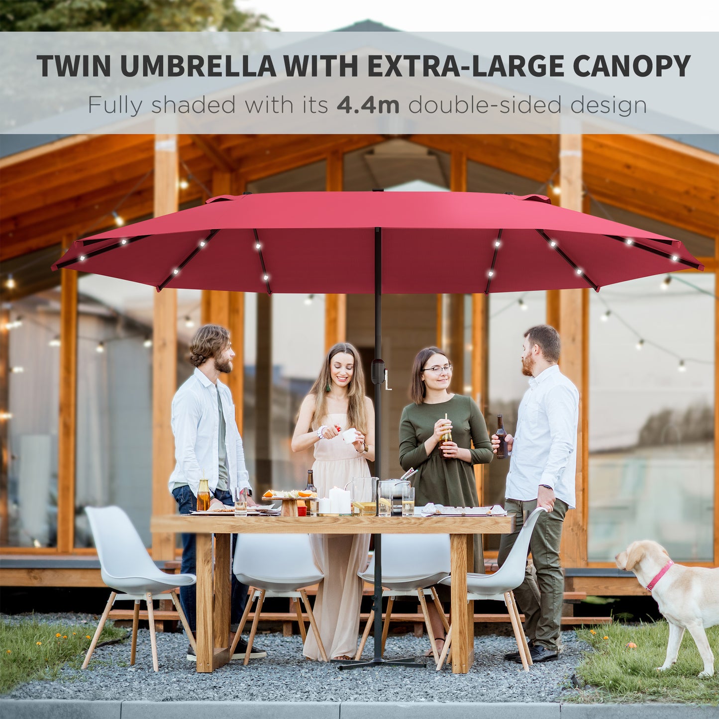4.4M Double-Sided Sun Umbrella Patio Parasol with LED Solar Lights for Garden