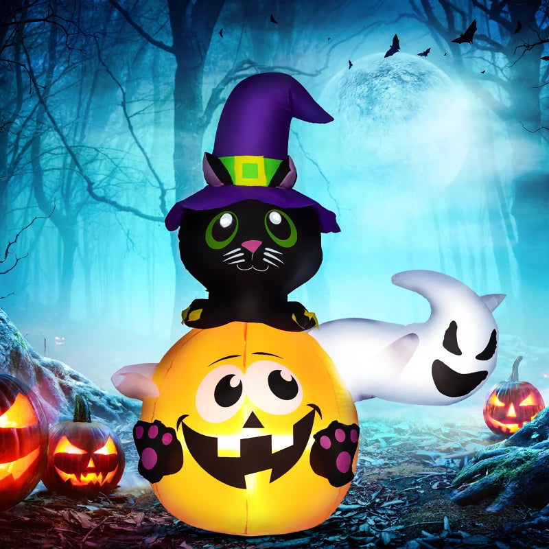 Outsunny 4.9FT Tall Halloween Inflatable Black Cat Riding Pumpkin with White Ghost