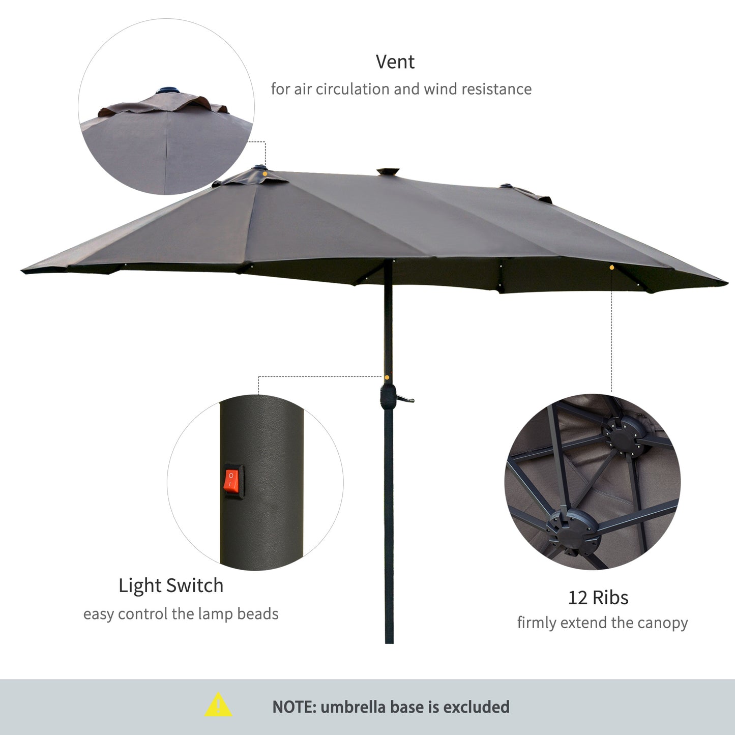 4.4M Double-Sided Sun Umbrella Patio Parasol with LED Solar Lights for Garden
