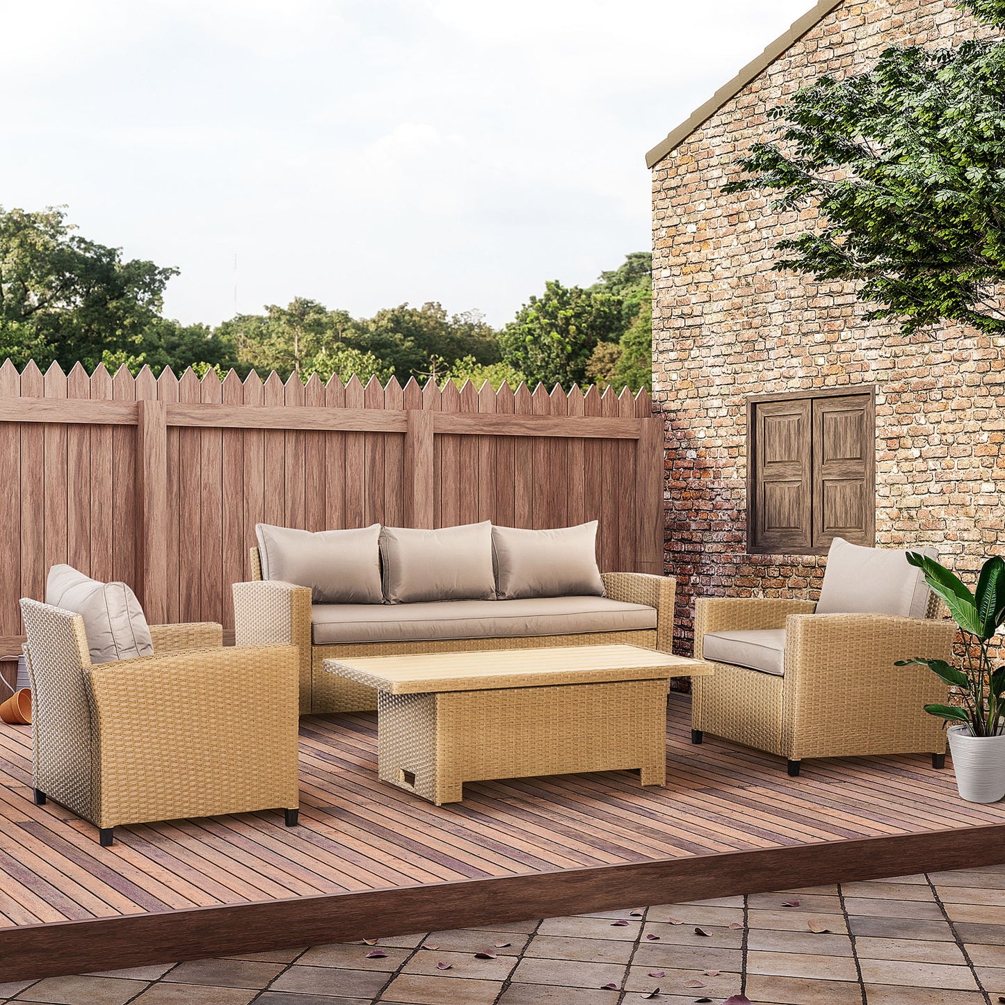 4 PCS Outdoor PE Rattan Aluminium Conversation Sofa Set W/ Table & Cushions