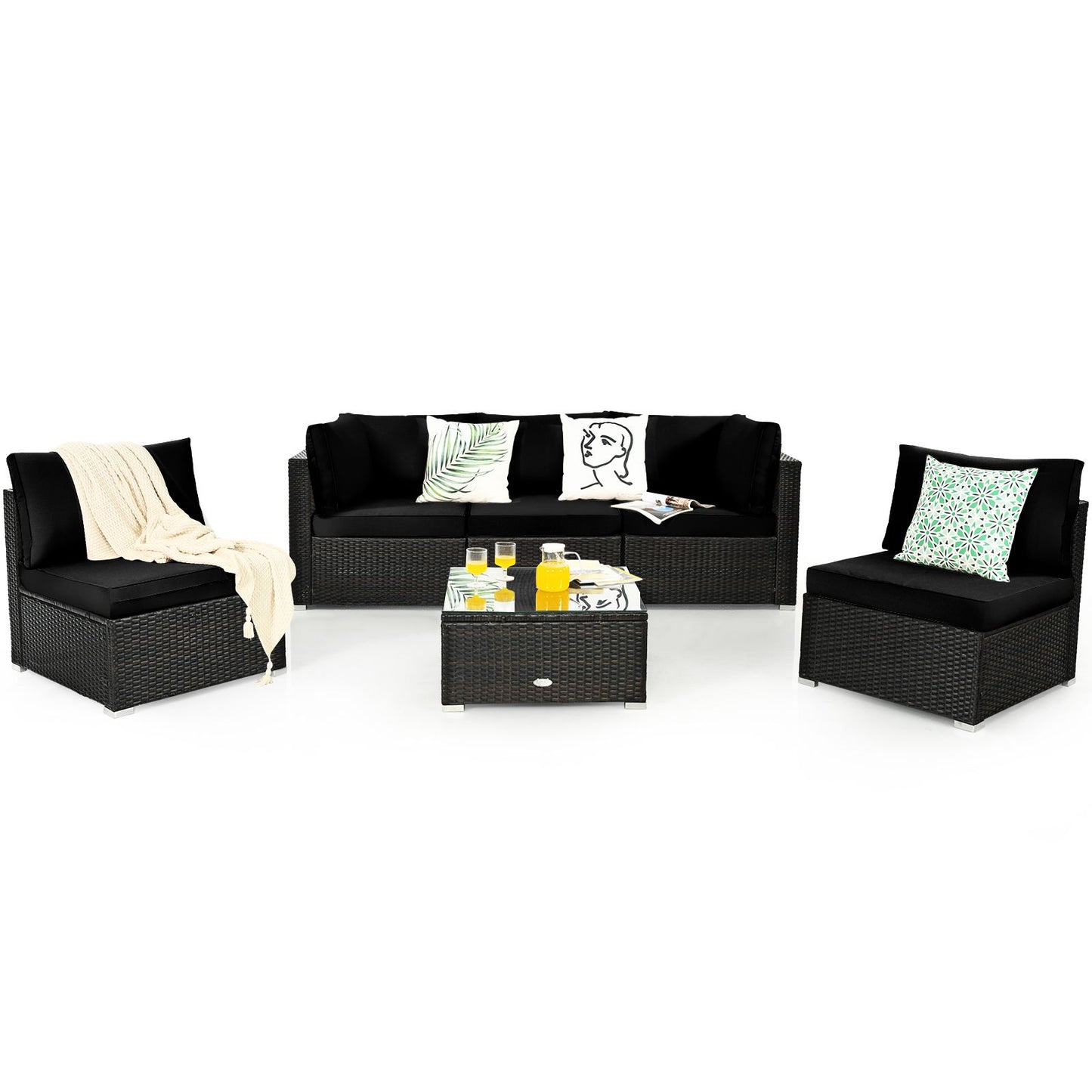6 Piece Outdoor Rattan Sofa Set with Soft Seat and Back Cushions