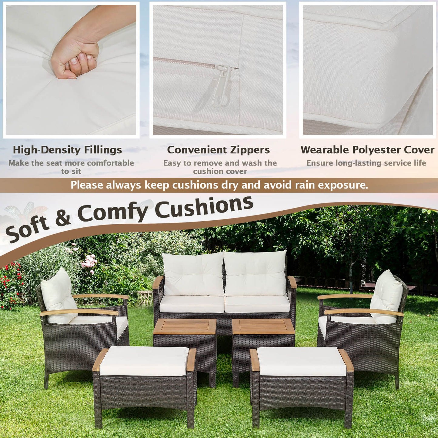 7 Piece Patio Rattan Sofa Set Outdoor with Cushions and Ottomans