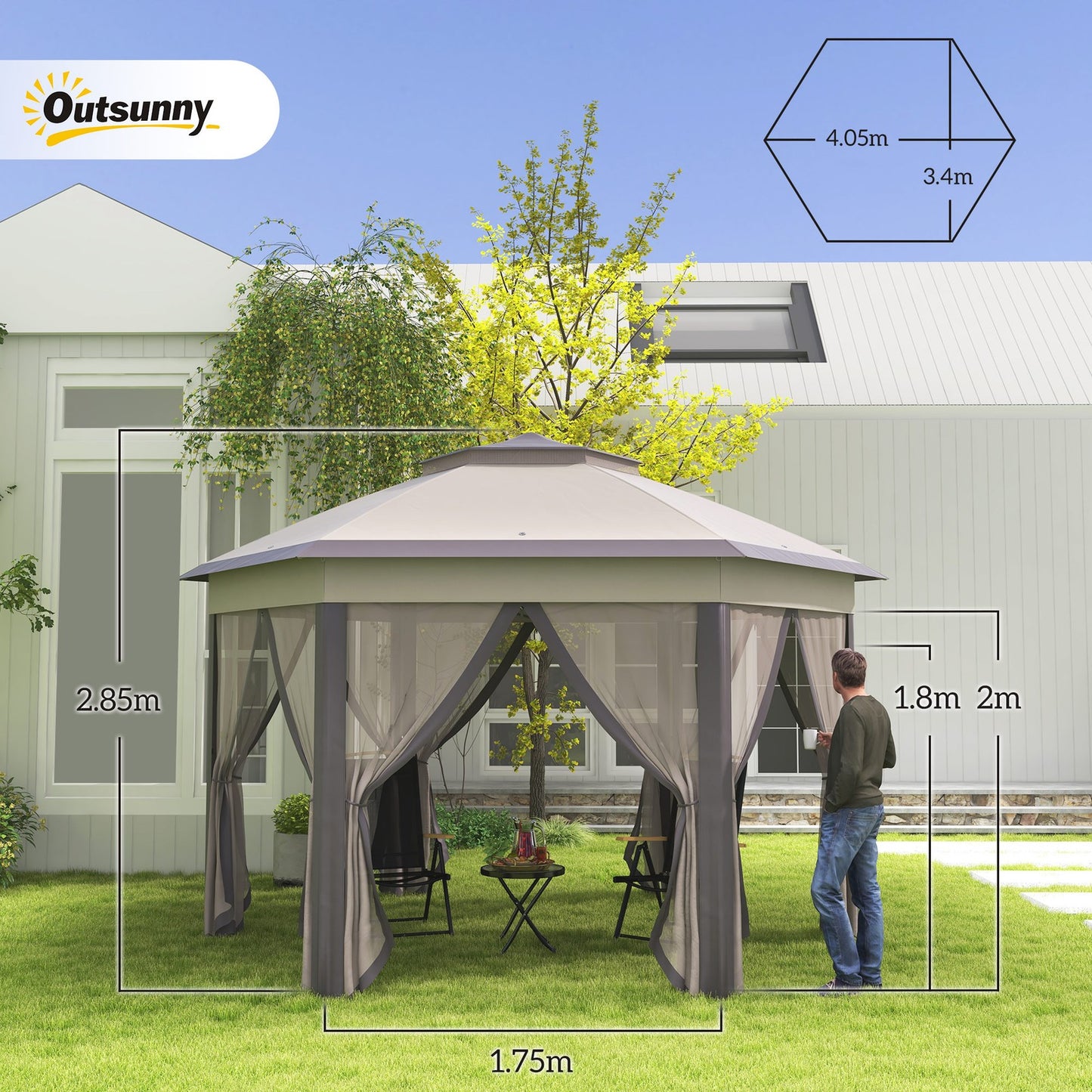 Hexagon Patio Gazebo Garden Shelter Heavy-Duty Double Roof W/ Mesh, 3 X 4M