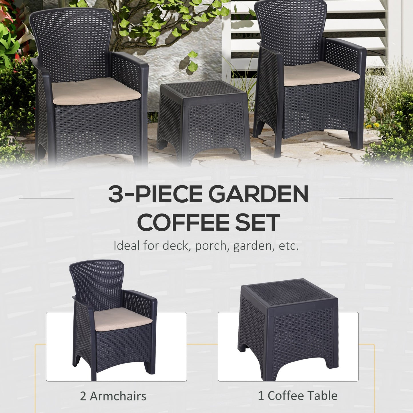 Garden Outdoor 3 Pcs Rattan Furniture Set 2 Arm Chair W/ Cushion 1 Coffee Table