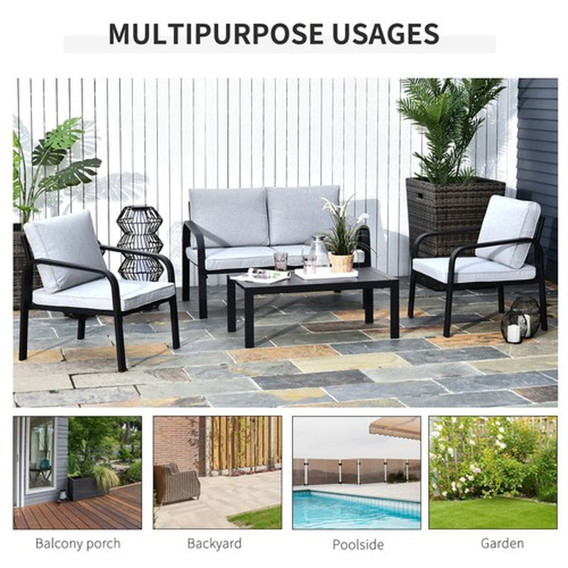4 Pcs Aluminium Garden Dining Set W/ 2 Chairs,Glass Top Table,Cushions Black