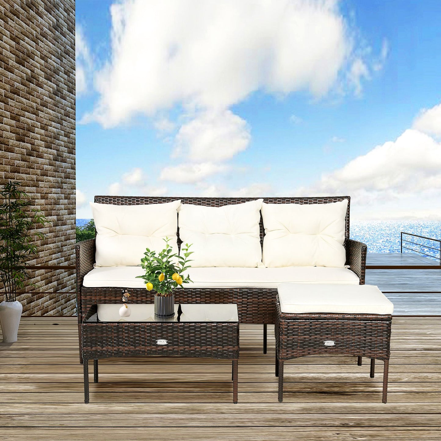 4 Seater Rattan Garden Furniture Set with Cushioned Sofa