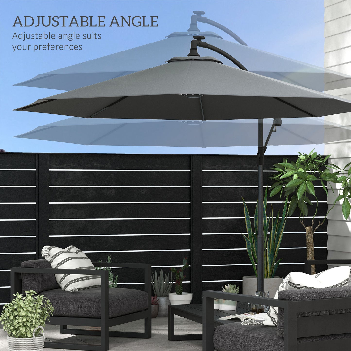 3(M) LED Patio Banana Umbrella Cantilever Parasol W/ Solar Lights Crank Handle