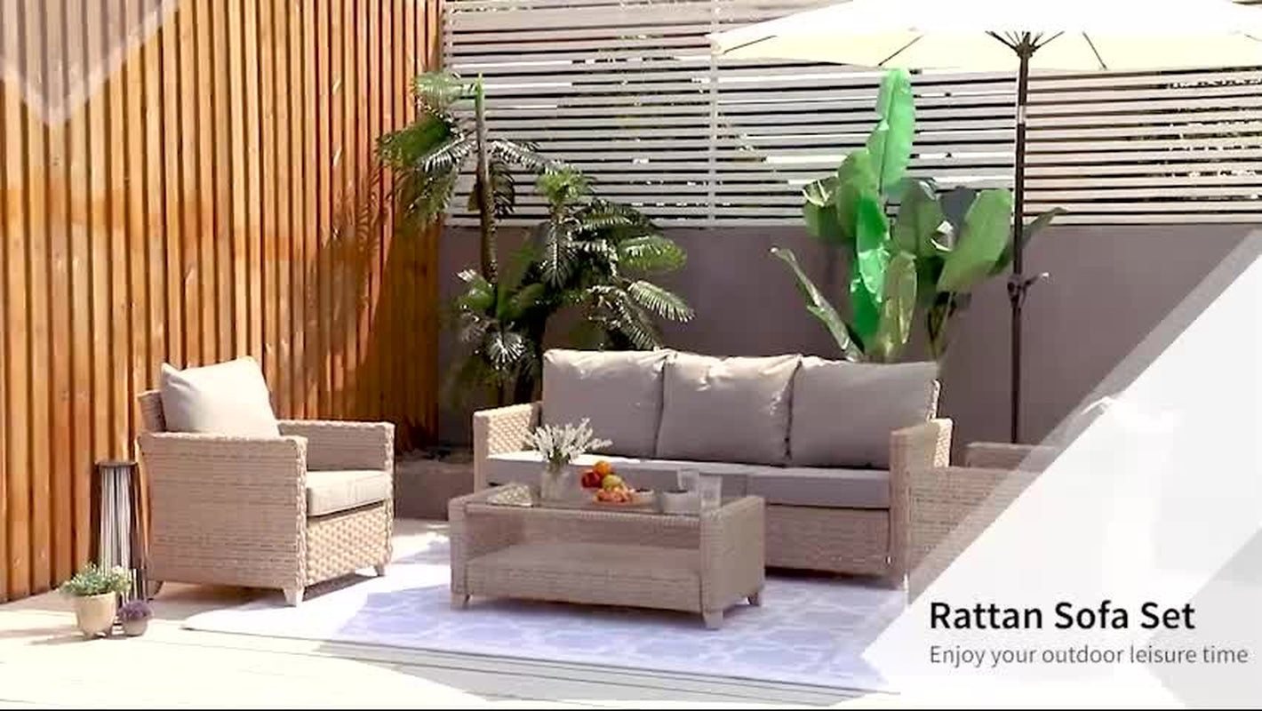 4 Pieces Patio PE Rattan Wicker Sofa Set, Outdoor Conversation Furniture Set