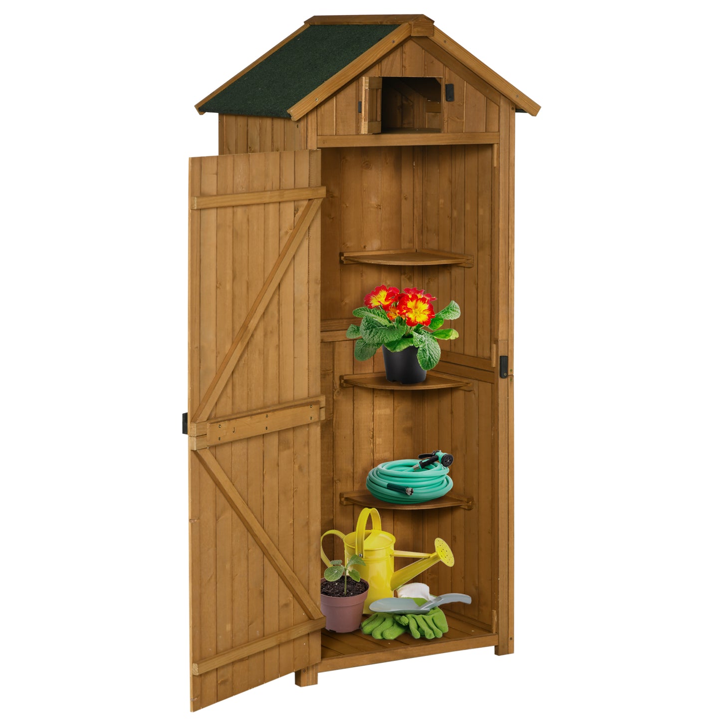 Garden Storage Shed 3 Utility Shelf Tool House W/ Asphalt Roof Lockabke Door
