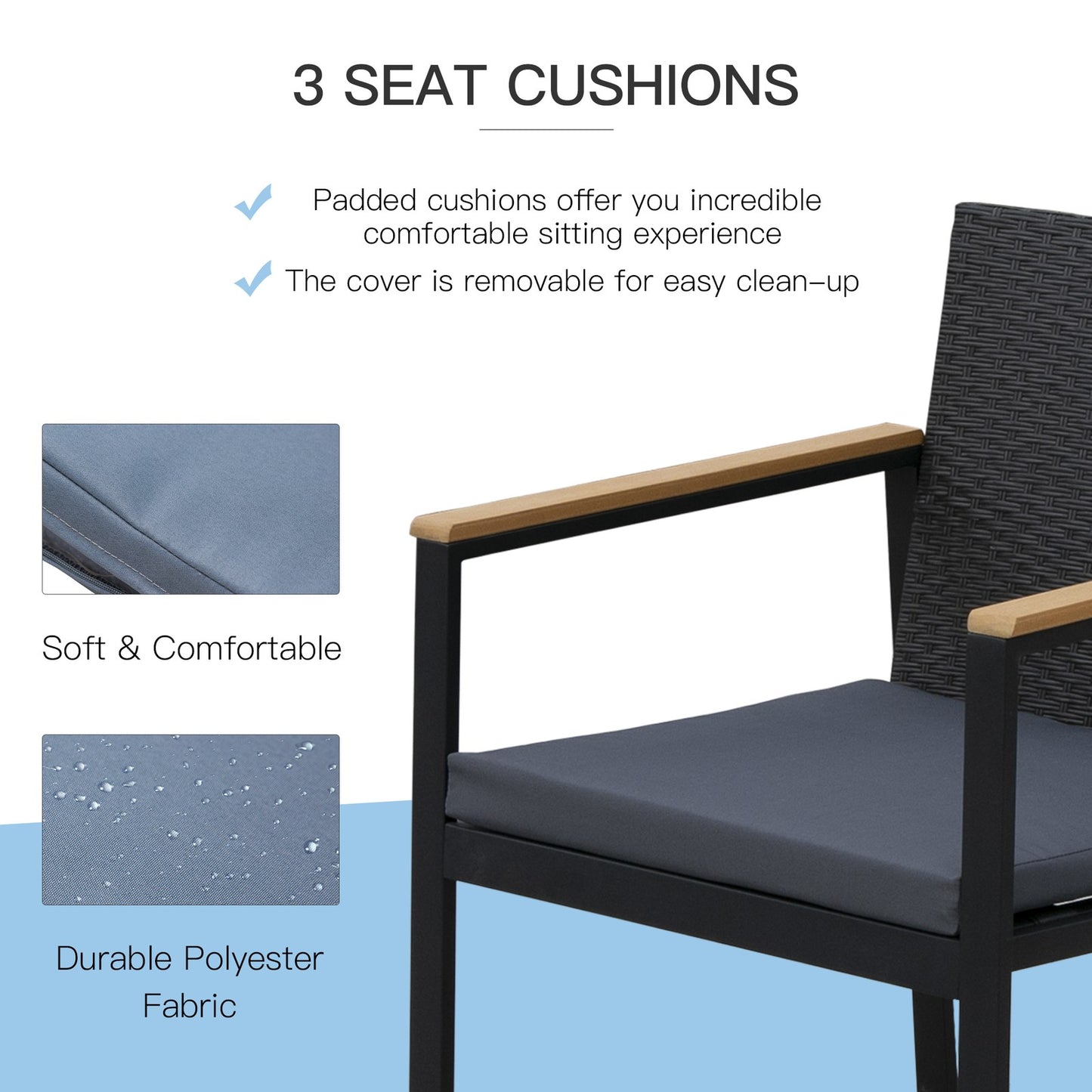 4 Pcs PE Rattan Furniture Set W/ 3 Cushioned Chairs Glass Tabletop Table, Black