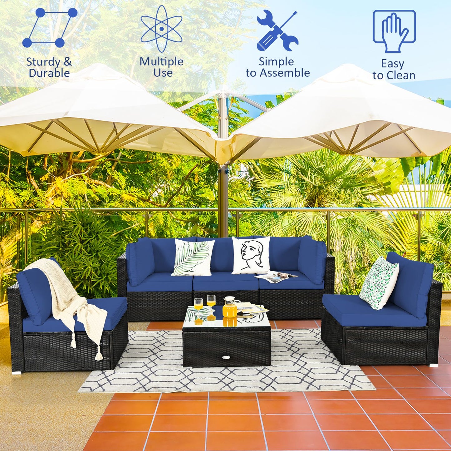 6 Piece Outdoor Rattan Sofa Set with Soft Seat and Back Cushions