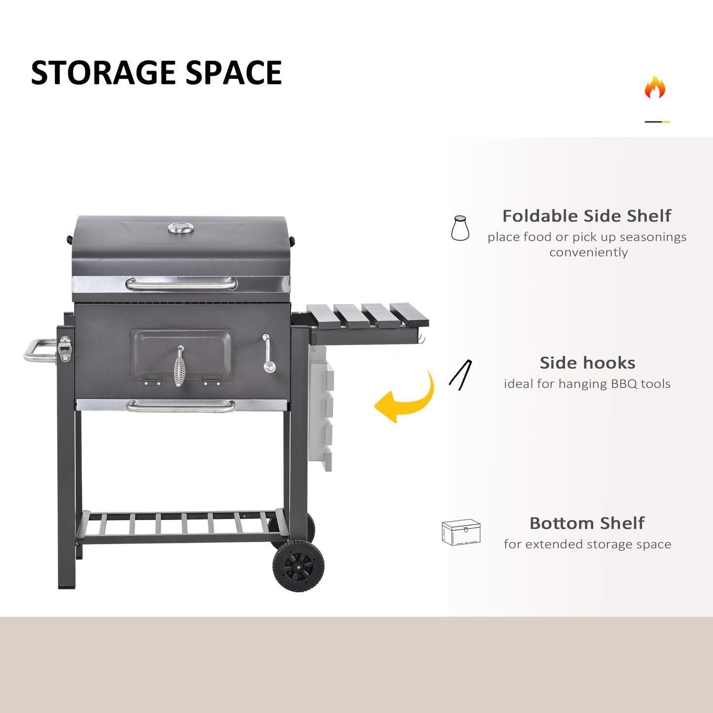 Charcoal Grill BBQ Trolley Wheels Garden Metal Barbecue W/ Shelf Grey