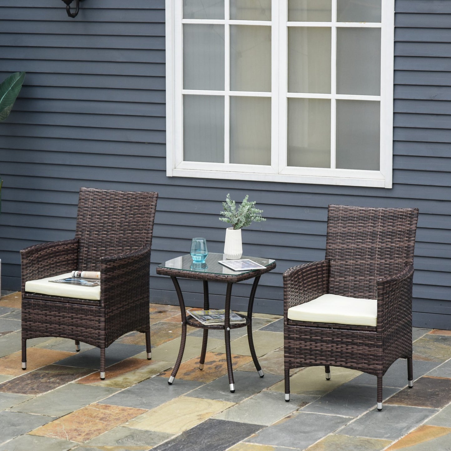 Outsunny Rattan Bistro Set Cushion Patio Garden Chair Table Brown UV Resistant