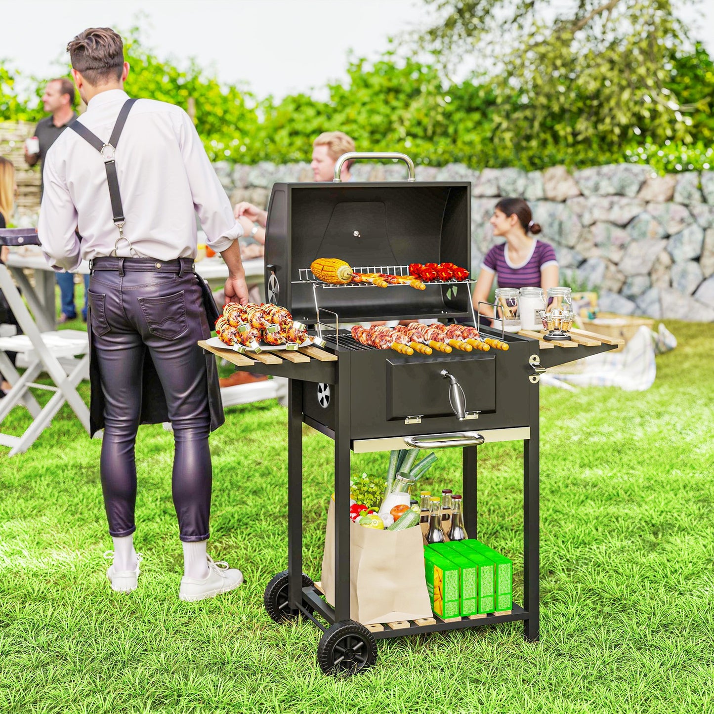 Charcoal BBQ Grill with Height Adjustable Charcoal Pan Outdoor Barbecue Smoker