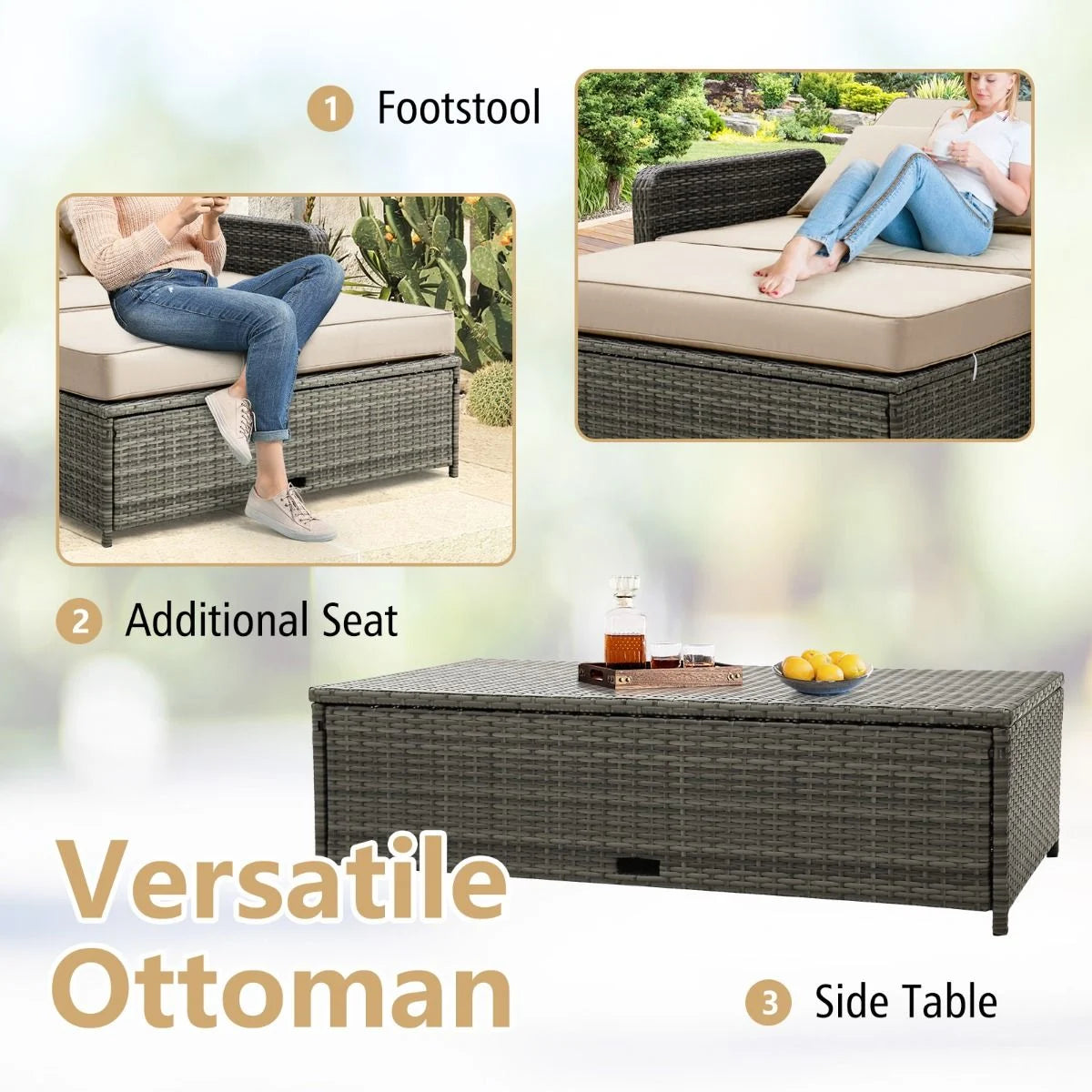 Patio Rattan Daybed Set with Multipurpose Ottoman and Retractable Side Tray