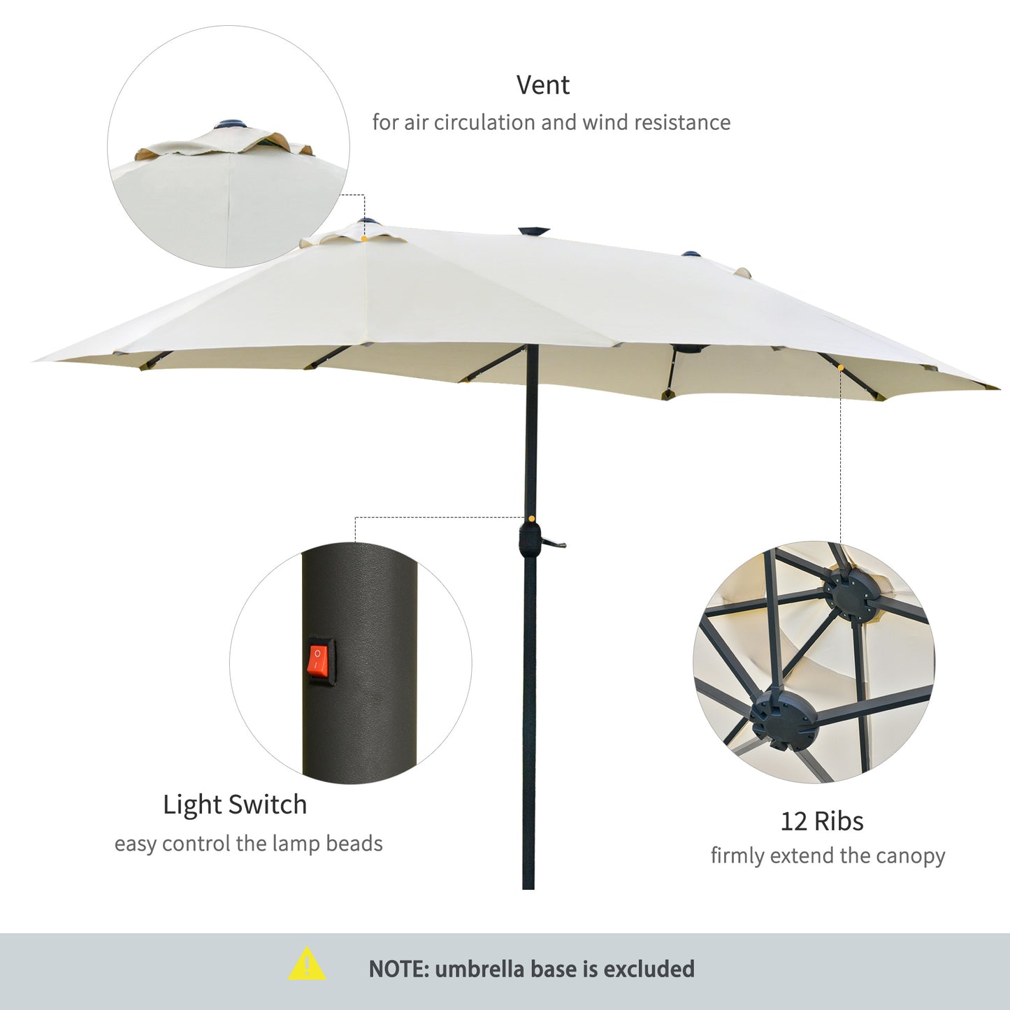 4.4M Double-Sided Sun Umbrella Patio Parasol with LED Solar Lights for Garden