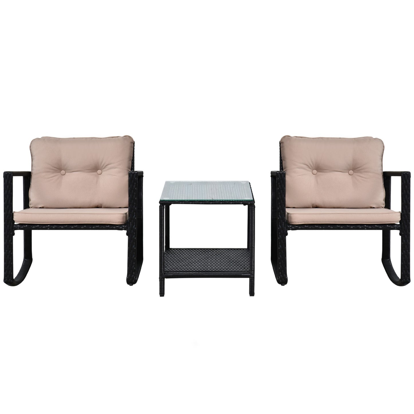 3Pcs Rattan Rocking Set Patio Bistro Table Chairs Conversation W/ Cushion