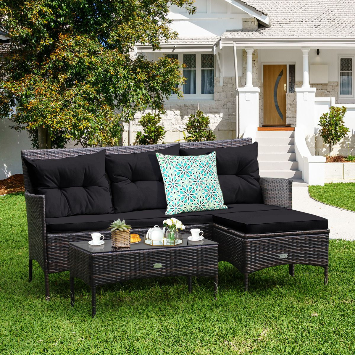4 Seater Rattan Garden Furniture Set with Cushioned Sofa
