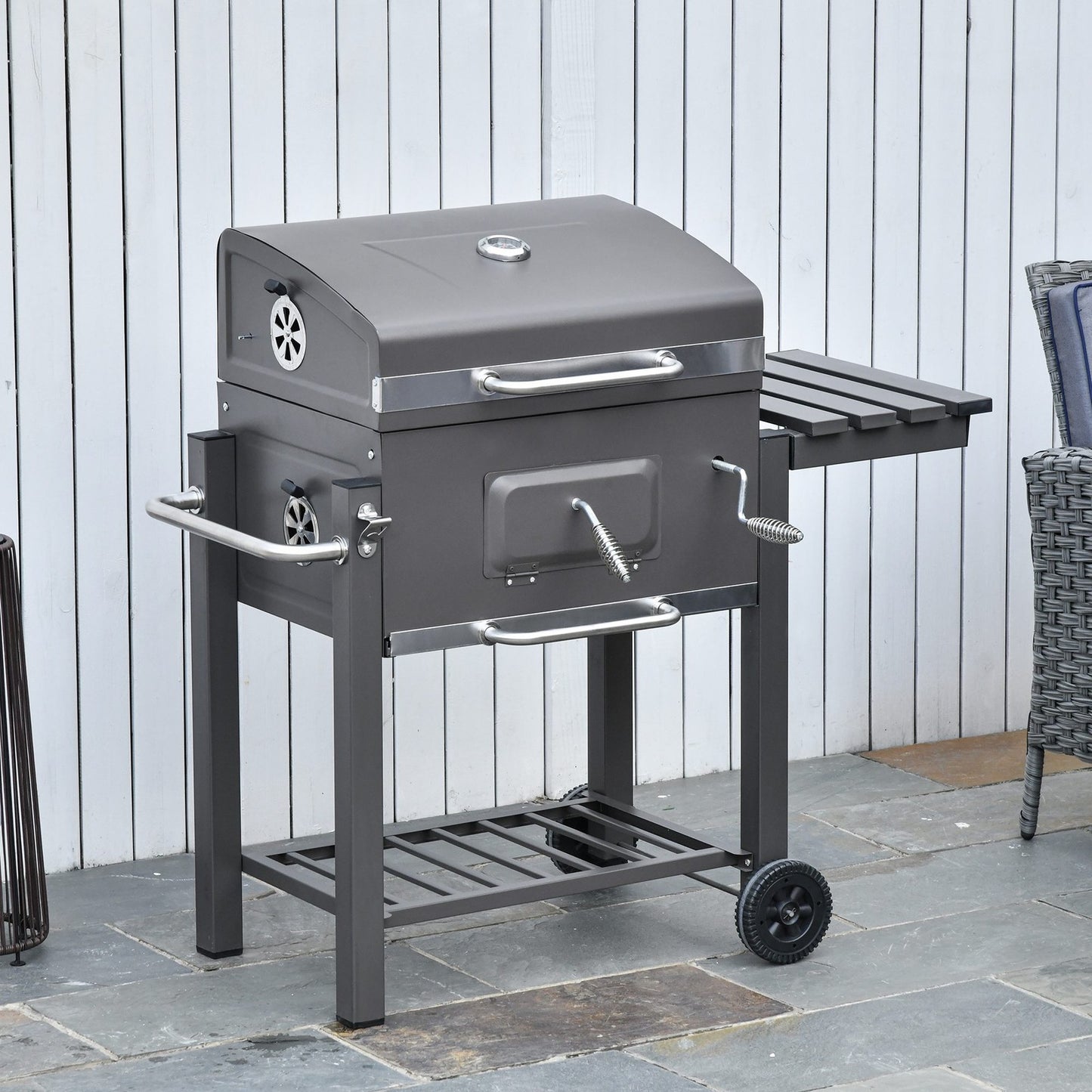Charcoal Grill BBQ Trolley Wheels Garden Metal Barbecue W/ Shelf Grey