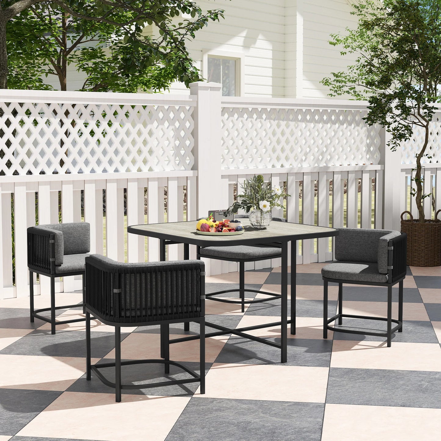 4 Seater Rattan Dining Set with Cushions, Charcoal Grey