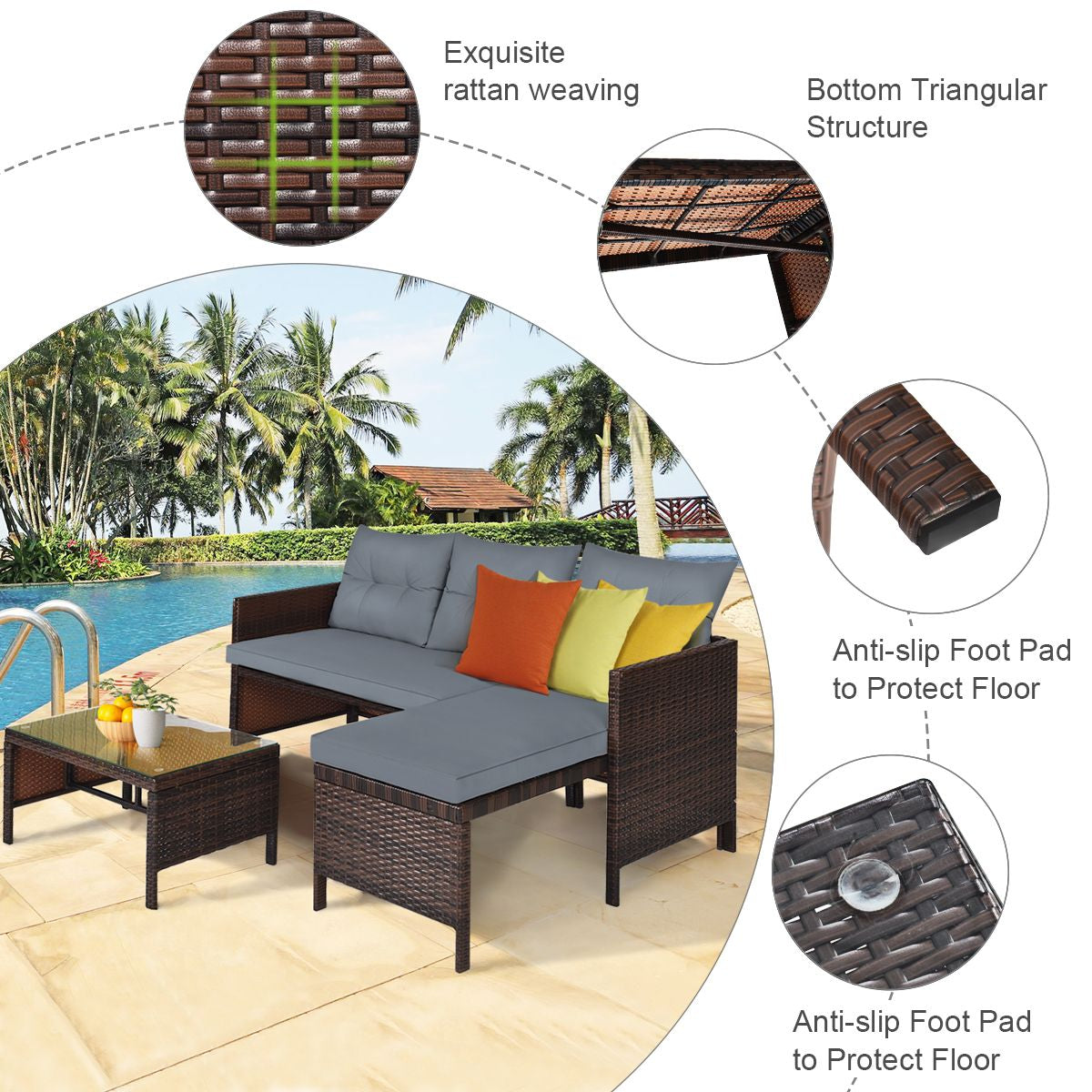 3 Pieces Patio Conversation Bistro Set with Washable Couch Cushion